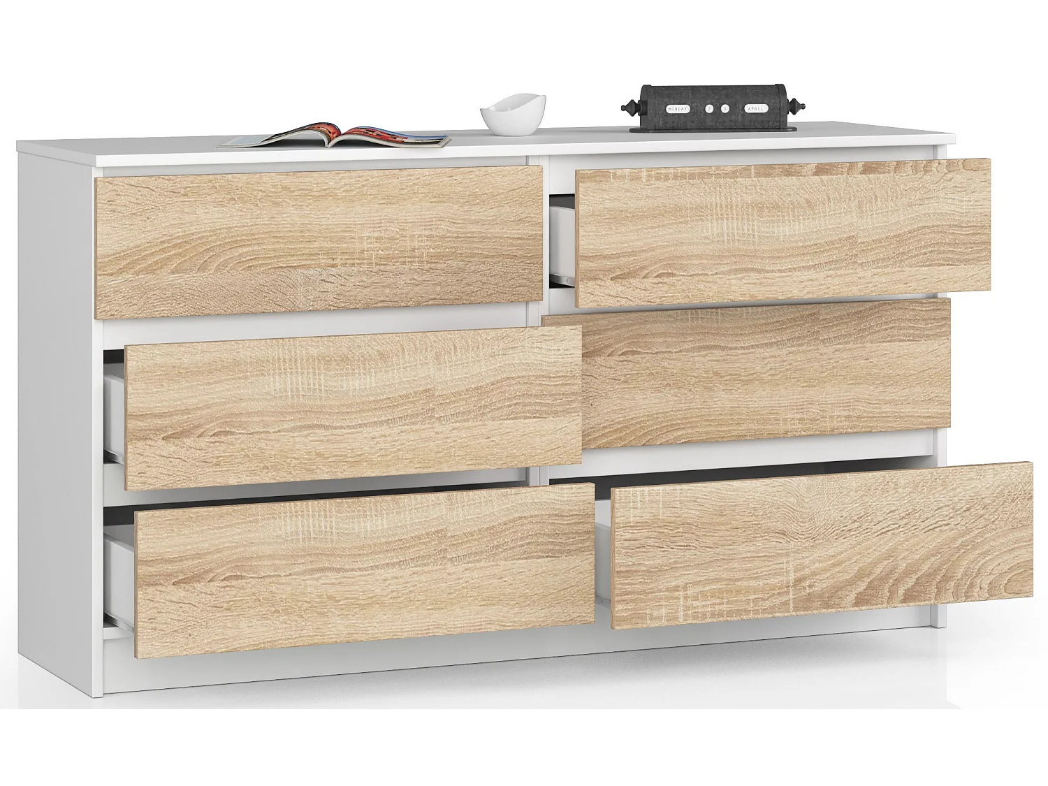 Commode AKORD K140 Blanche 138 cm 6 tiroirs façade Chêne Sonoma 138x40x77 cm