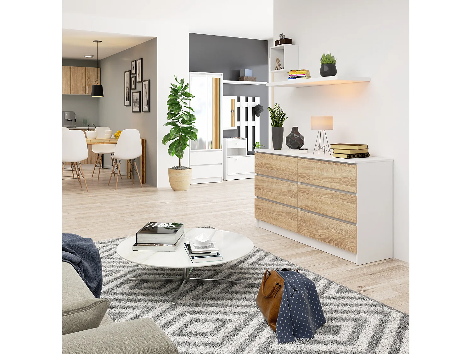 Commode AKORD K140 Blanche 138 cm 6 tiroirs façade Chêne Sonoma 138x40x77 cm