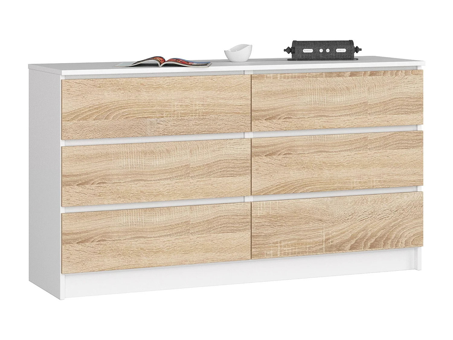 Commode AKORD K140 Blanche 138 cm 6 tiroirs façade Chêne Sonoma 138x40x77 cm