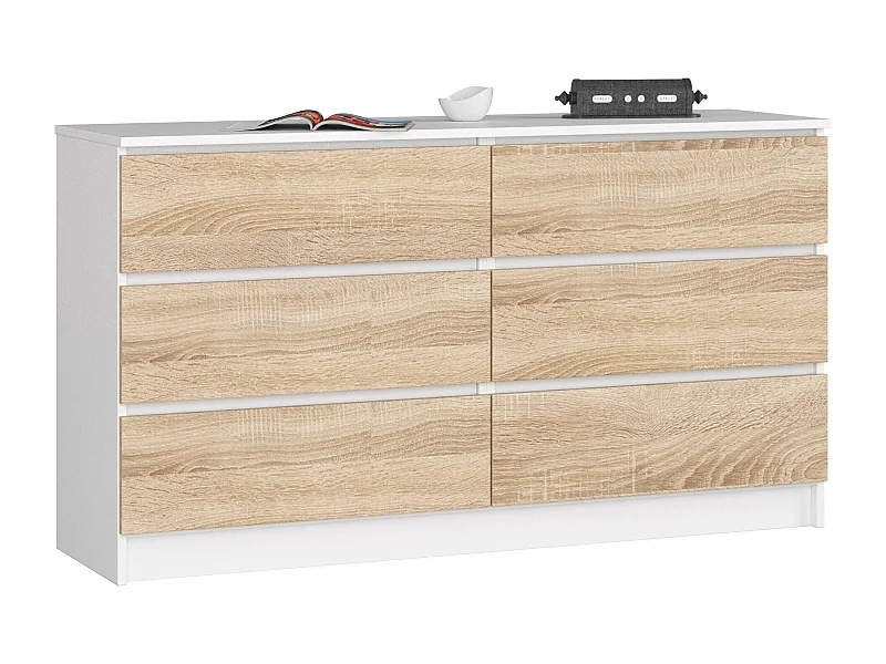 Commode AKORD K140 Blanche 138 cm 6 tiroirs façade Chêne Sonoma 138x40x77 cm