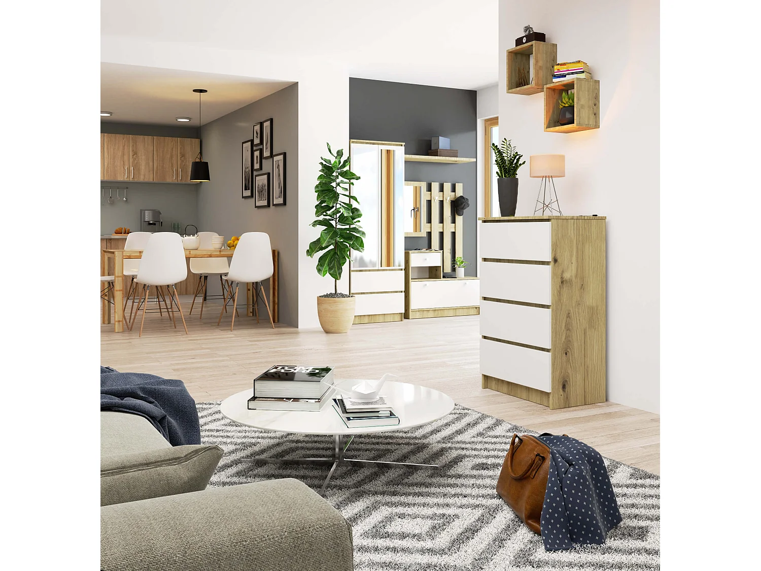 Ladekast K60 met 4 Lades / AKORD Furniture Factory / Artisan Eik - Wit / 60 x 99 x 40 cm