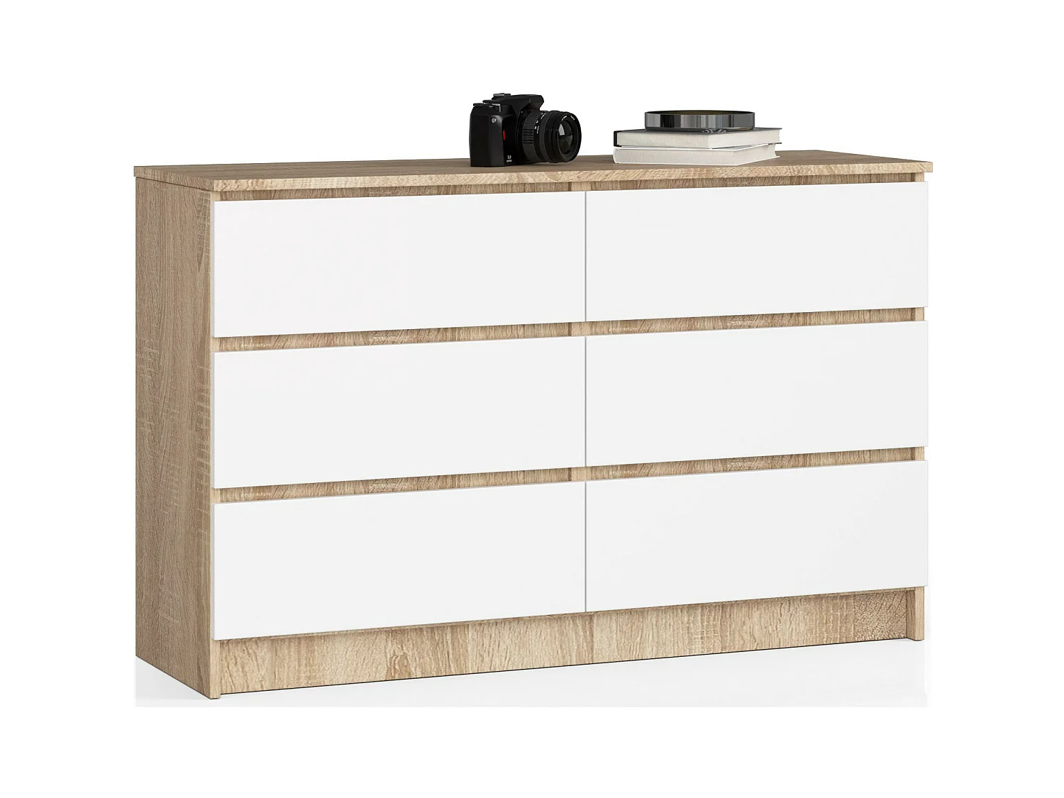 Commode AKORD K120 Chêne Sonoma 120 cm 6 tiroirs façade Blanche 120x40x77 cm
