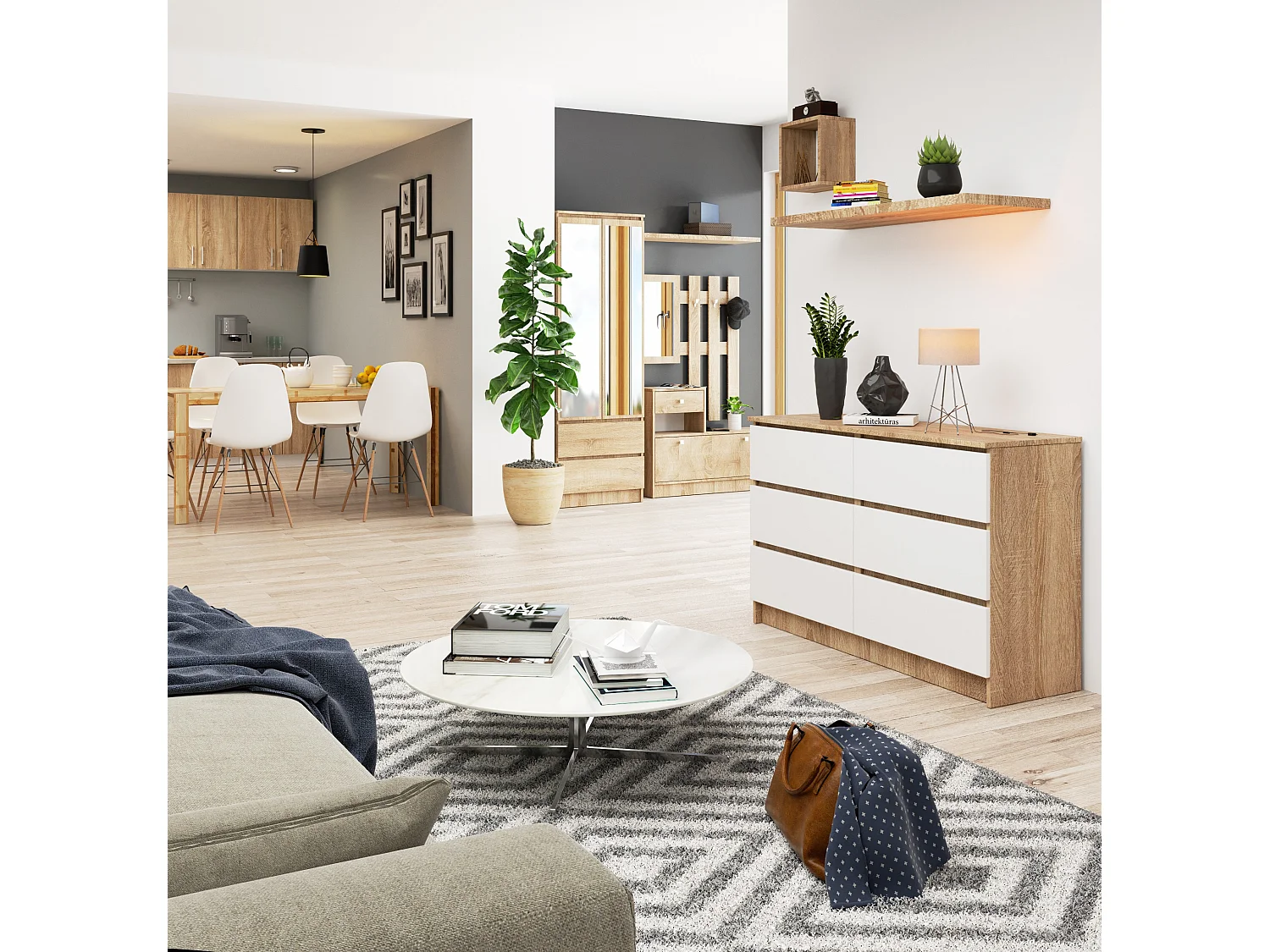 Cassettiera AKORD K120 Sonoma Quercia 120 cm 6 cassetti inserto frontale Bianco 120x40x77 cm