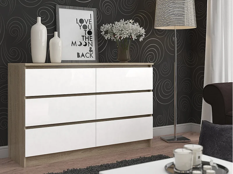 Commode AKORD K120 Chêne Sonoma 120 cm 6 tiroirs façade Blanche 120x40x77 cm