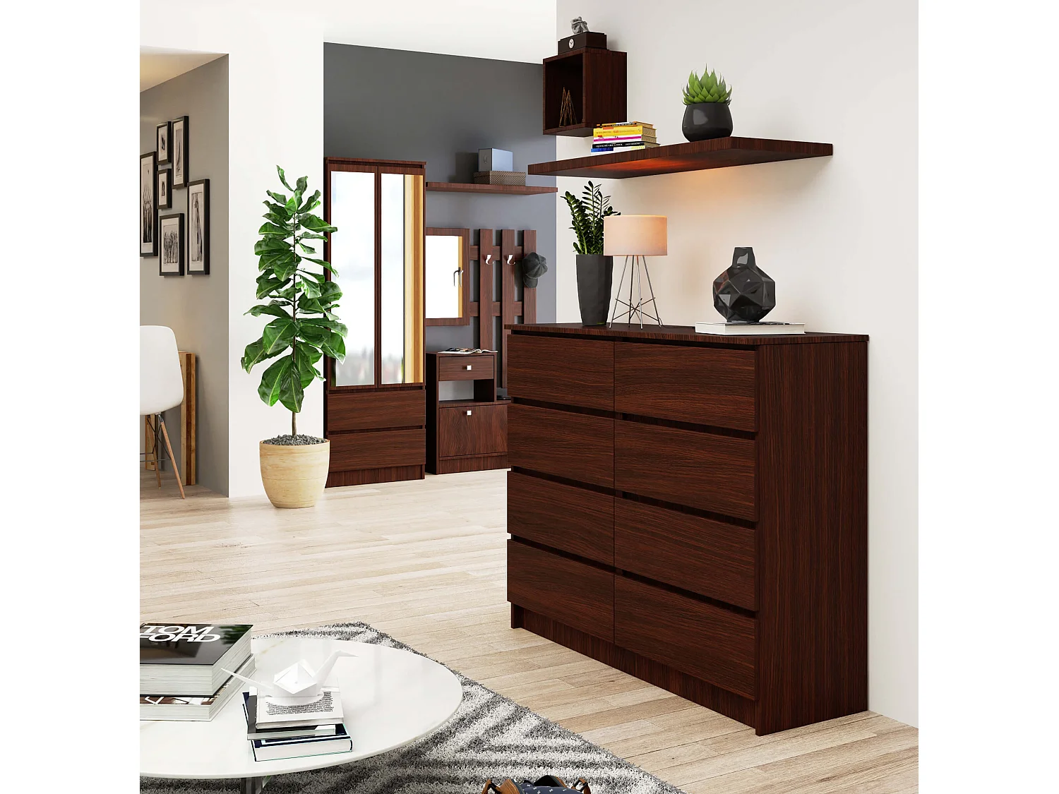 Commode AKORD K120 Wengé 120 cm 8 tiroirs façade Wengé 120x40x99 cm