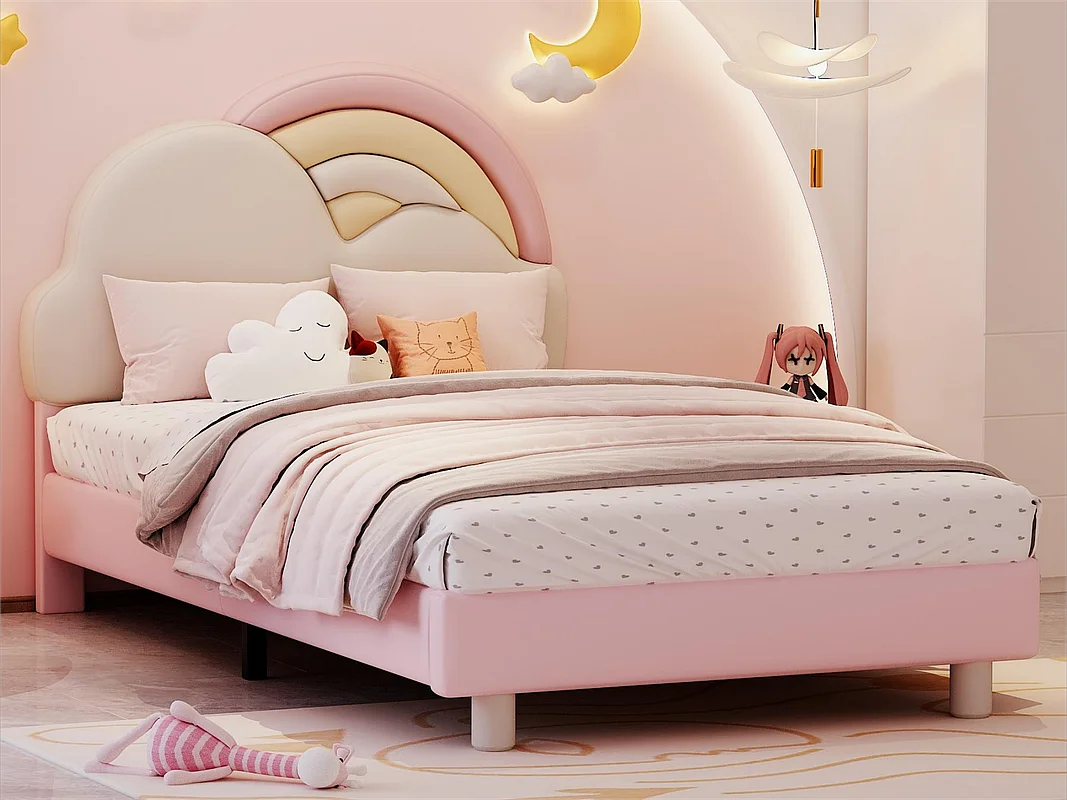 Lit simple en similicuir - 90x200cm - avec sommier à lattes en bois - Rose