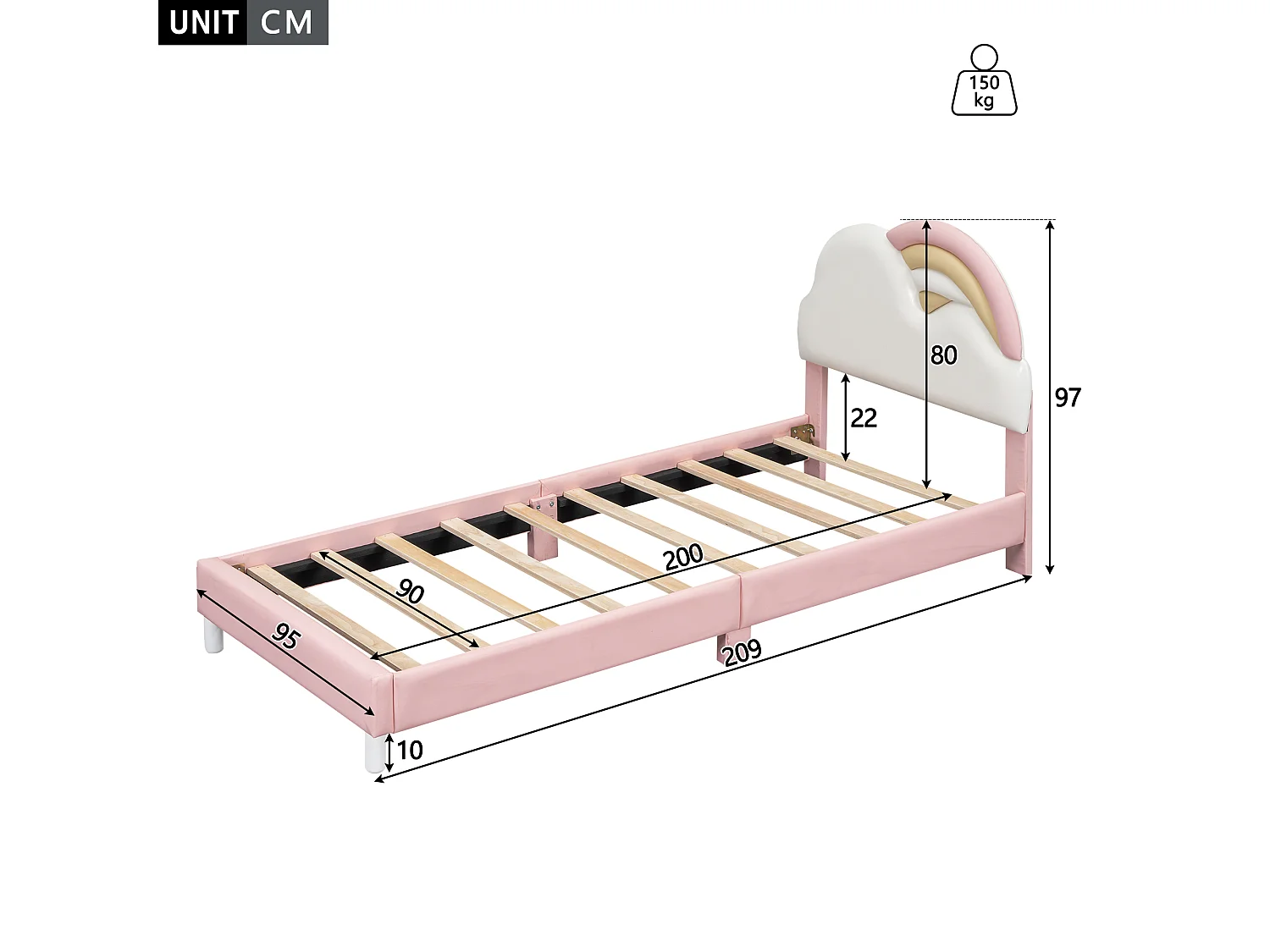 Lit simple en similicuir - 90x200cm - avec sommier à lattes en bois - Rose