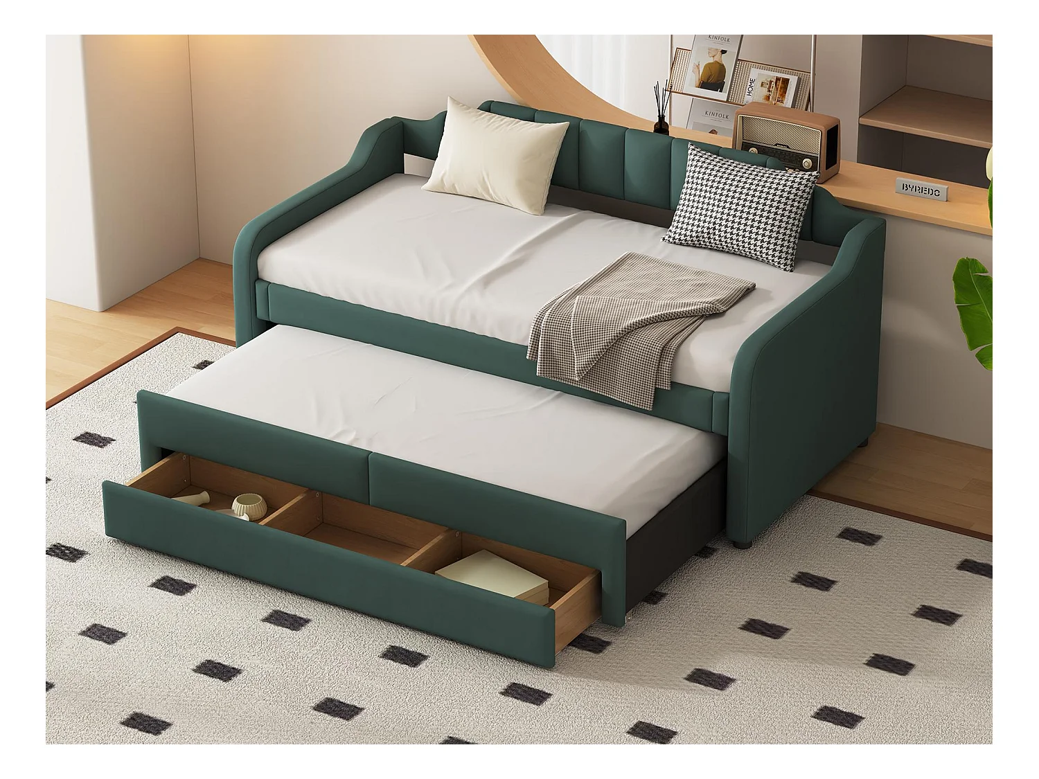 Lit banquette avec tiroirs rembourré en lin - 90x200cm + 90x190cm - Vert Sapin