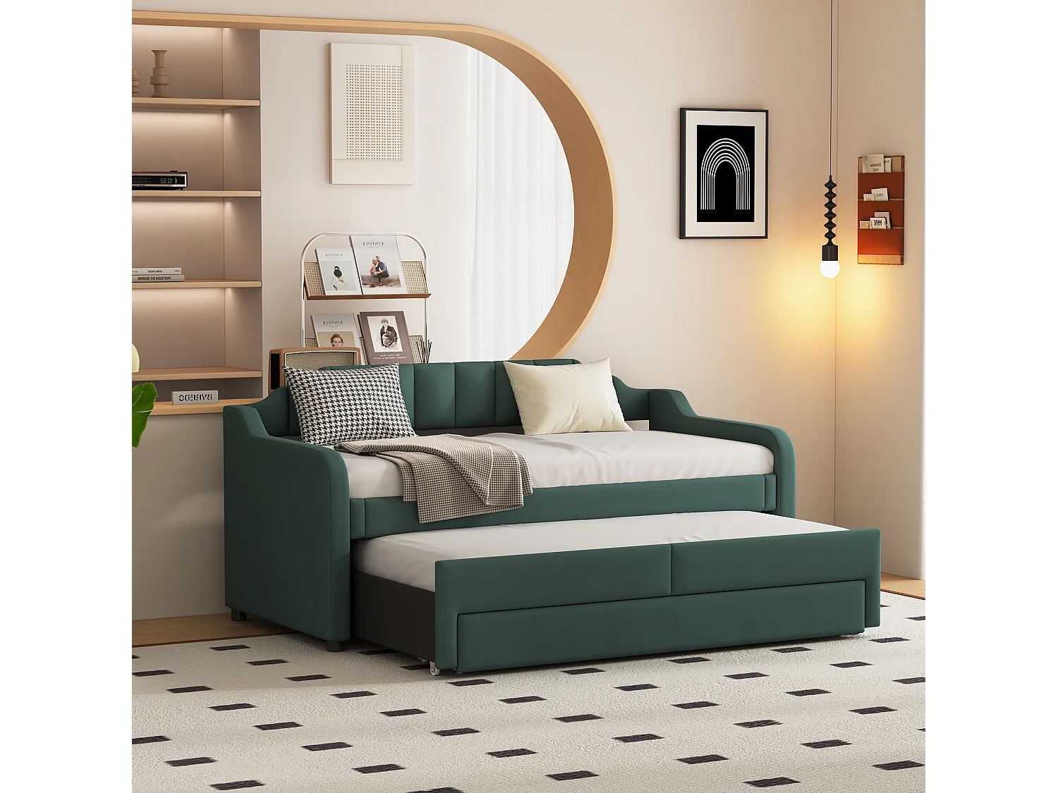 Slaapbank met laden bekleed met linnen - 90x200cm + 90x190cm - Dennengroen