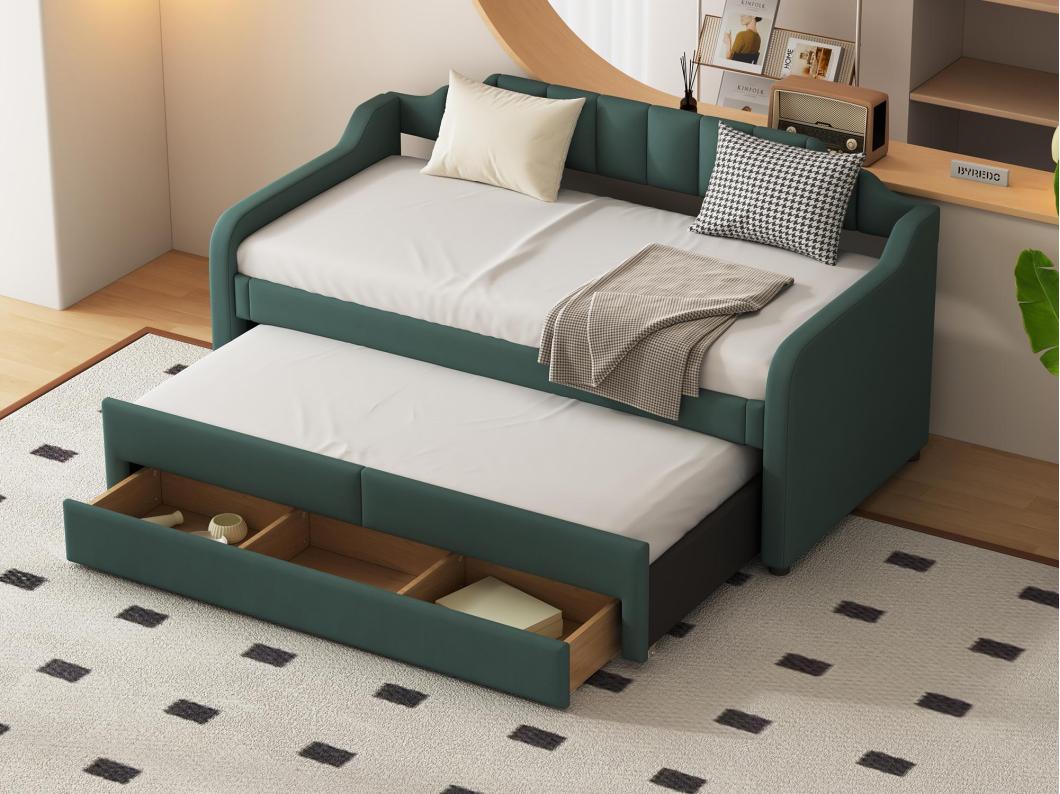 Sofá cama con cajones acolchado de lino - 90x200cm + 90x190cm - Verde Abeto