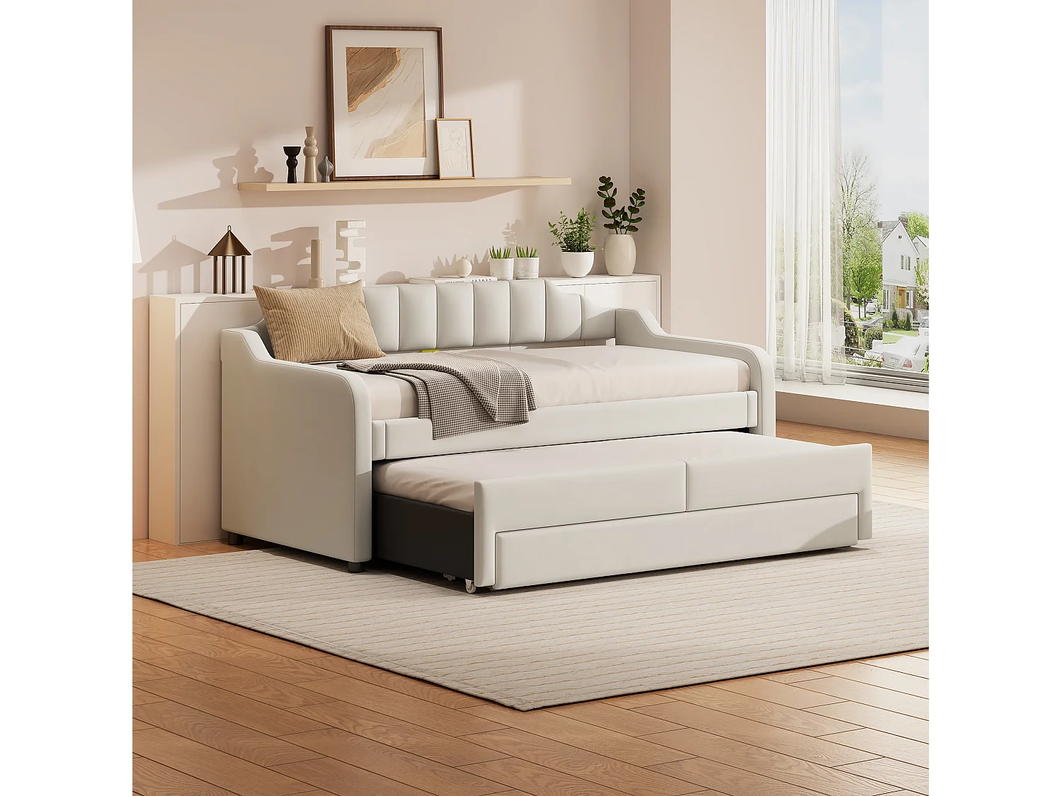 Slaapbank met laden bekleed met linnen - 90x200cm + 90x190cm - Beige