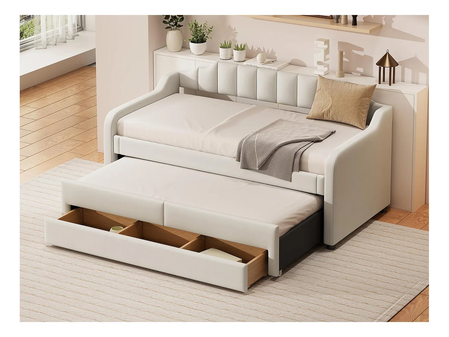 Lit banquette avec tiroirs rembourré en lin - 90x200cm + 90x190cm - Beige