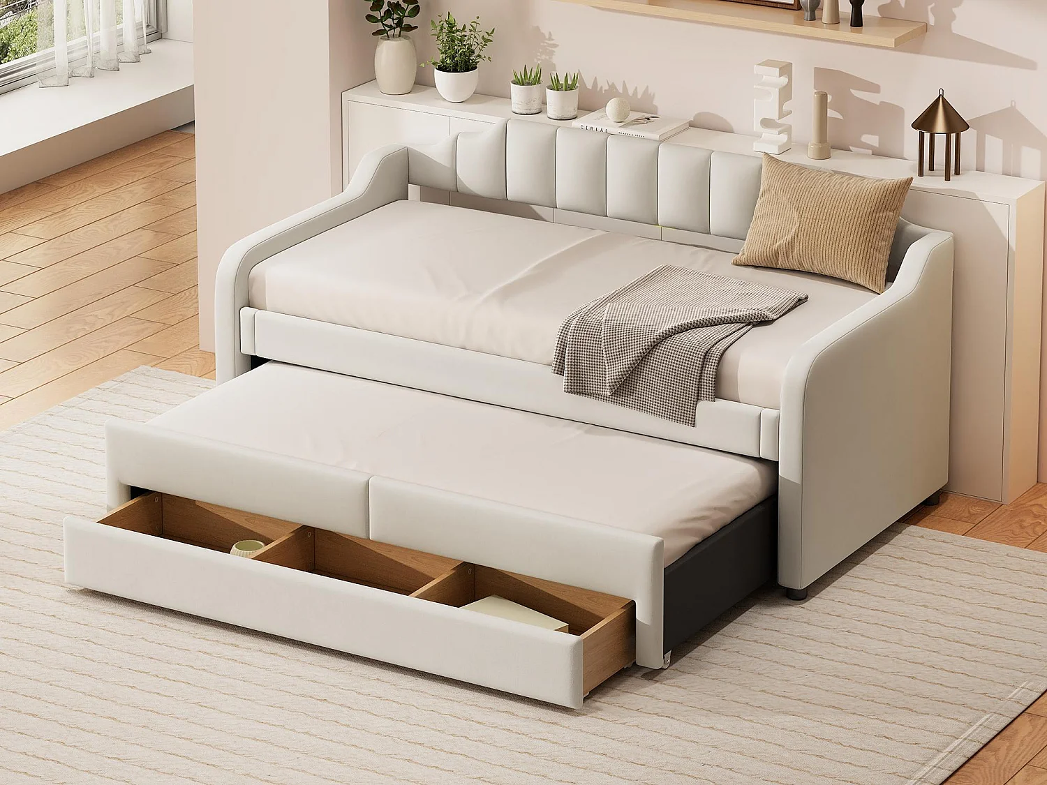 Slaapbank met laden bekleed met linnen - 90x200cm + 90x190cm - Beige