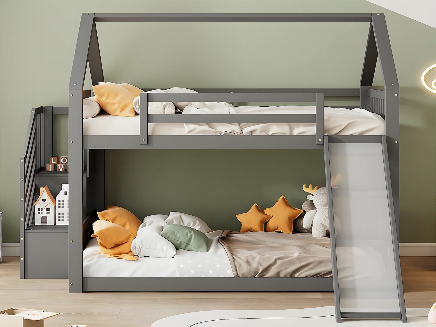 Lit superposé pour enfant 140x200cm - avec escalier de rangement et toboggan - Gris