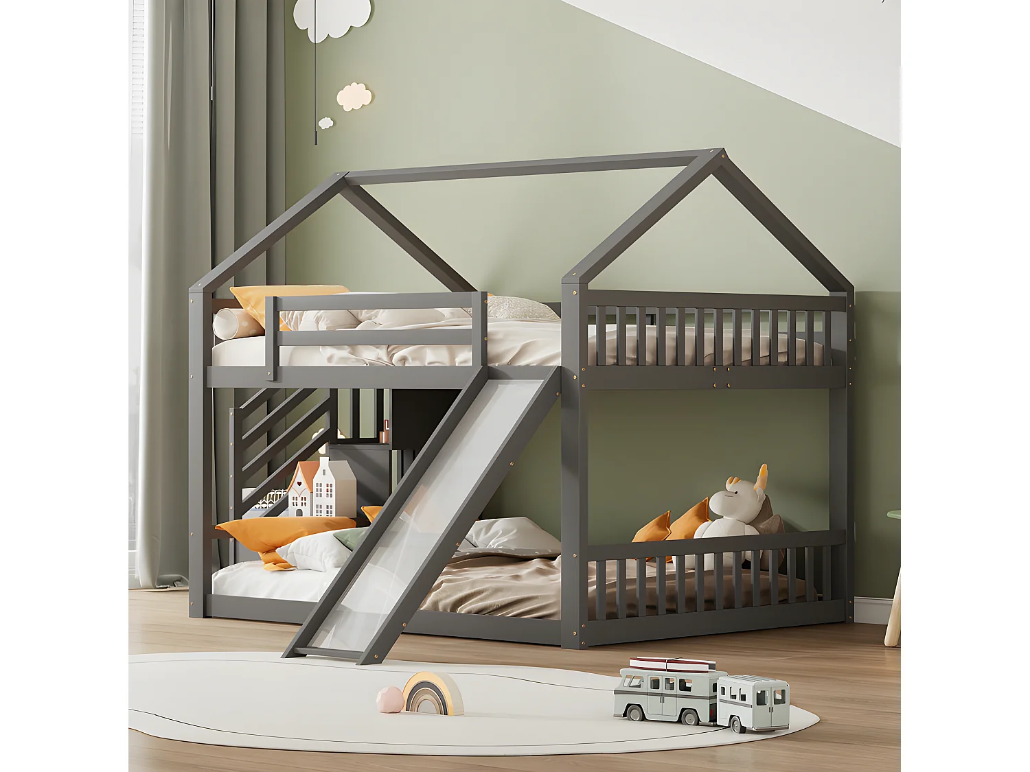 Lit superposé pour enfant 140x200cm - avec escalier de rangement et toboggan - Gris