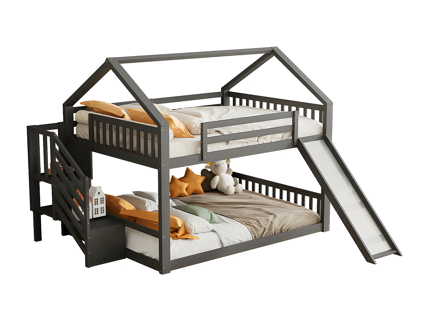 Lit superposé pour enfant 140x200cm - avec escalier de rangement et toboggan - Gris