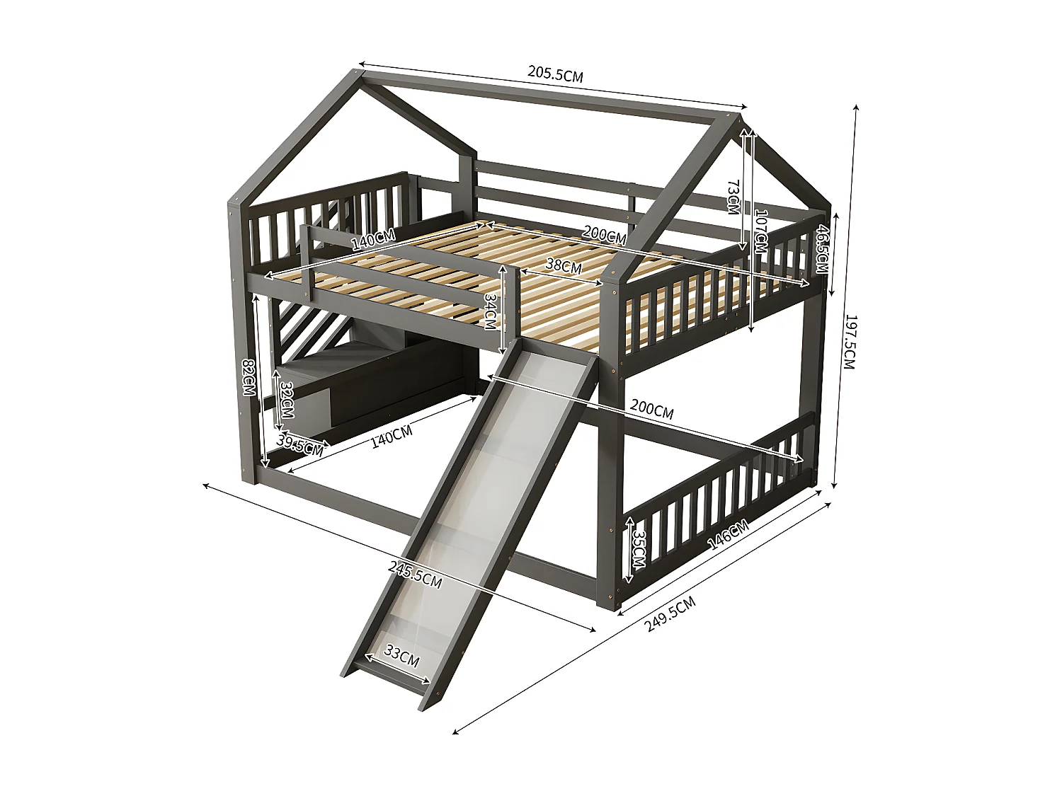 Lit superposé pour enfant 140x200cm - avec escalier de rangement et toboggan - Gris