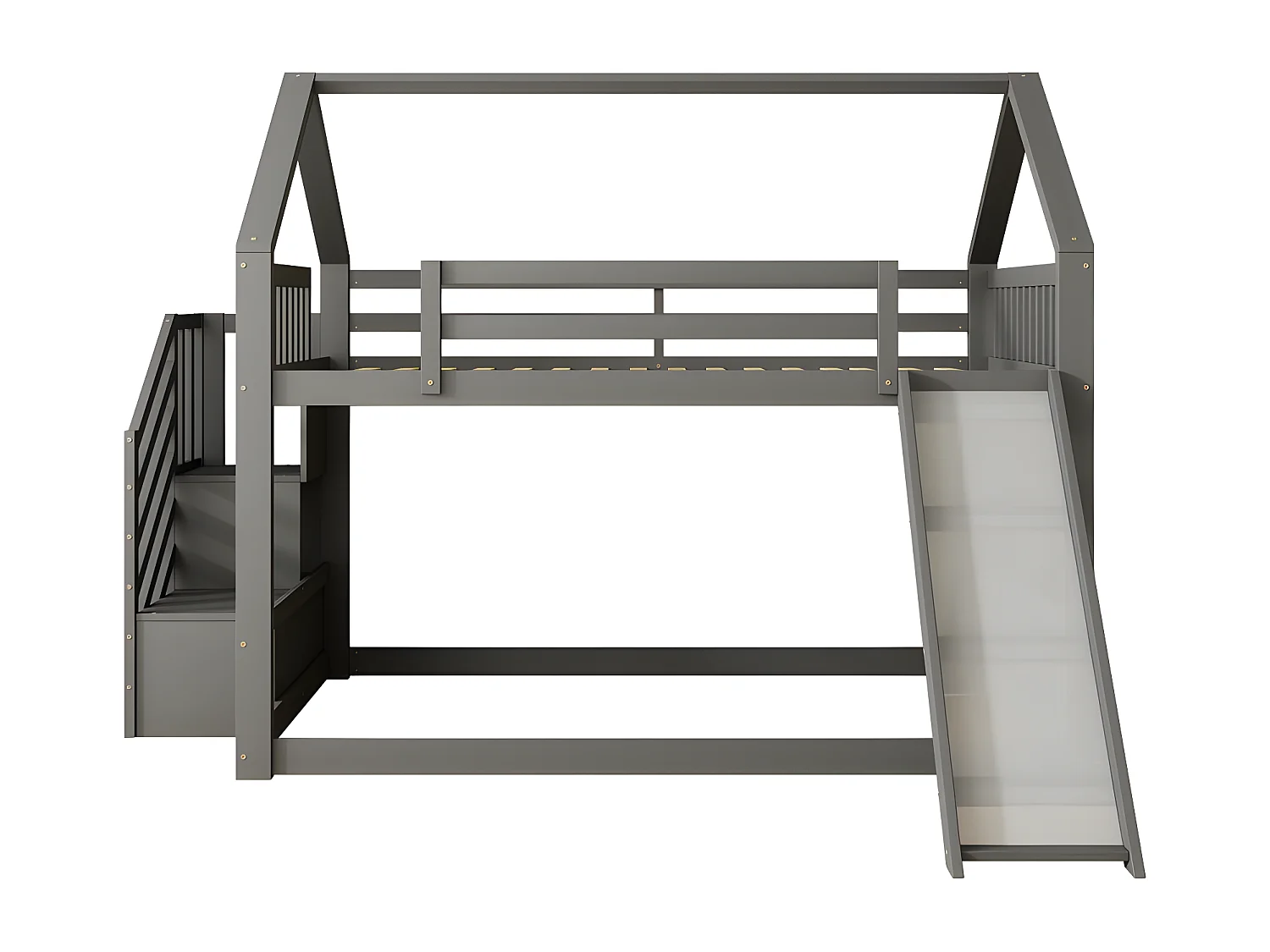 Lit superposé pour enfant 140x200cm - avec escalier de rangement et toboggan - Gris