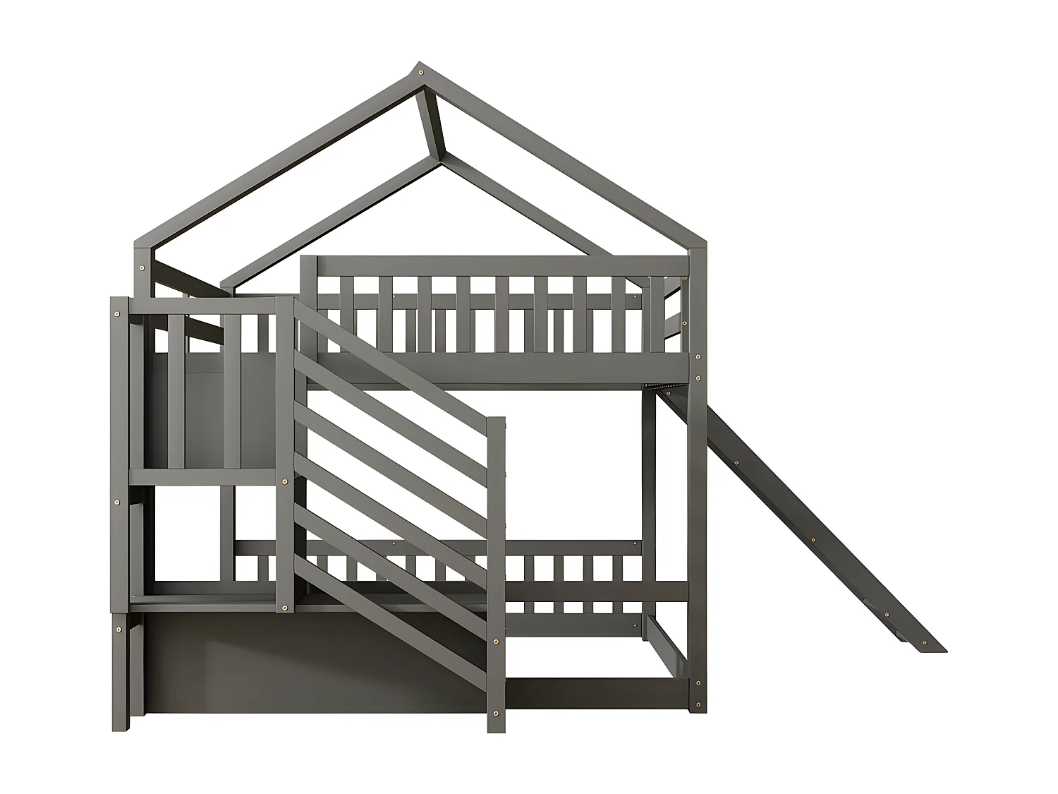 Lit superposé pour enfant 140x200cm - avec escalier de rangement et toboggan - Gris