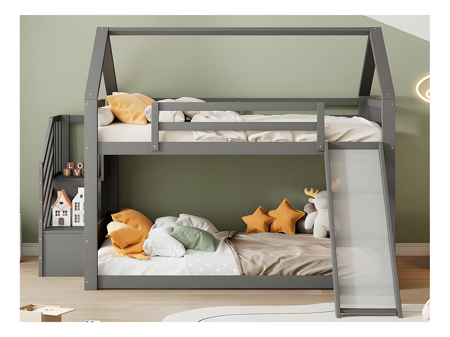 Stapelbed voor kinderen 140x200cm - met opbergtrap en glijbaan - Grijs