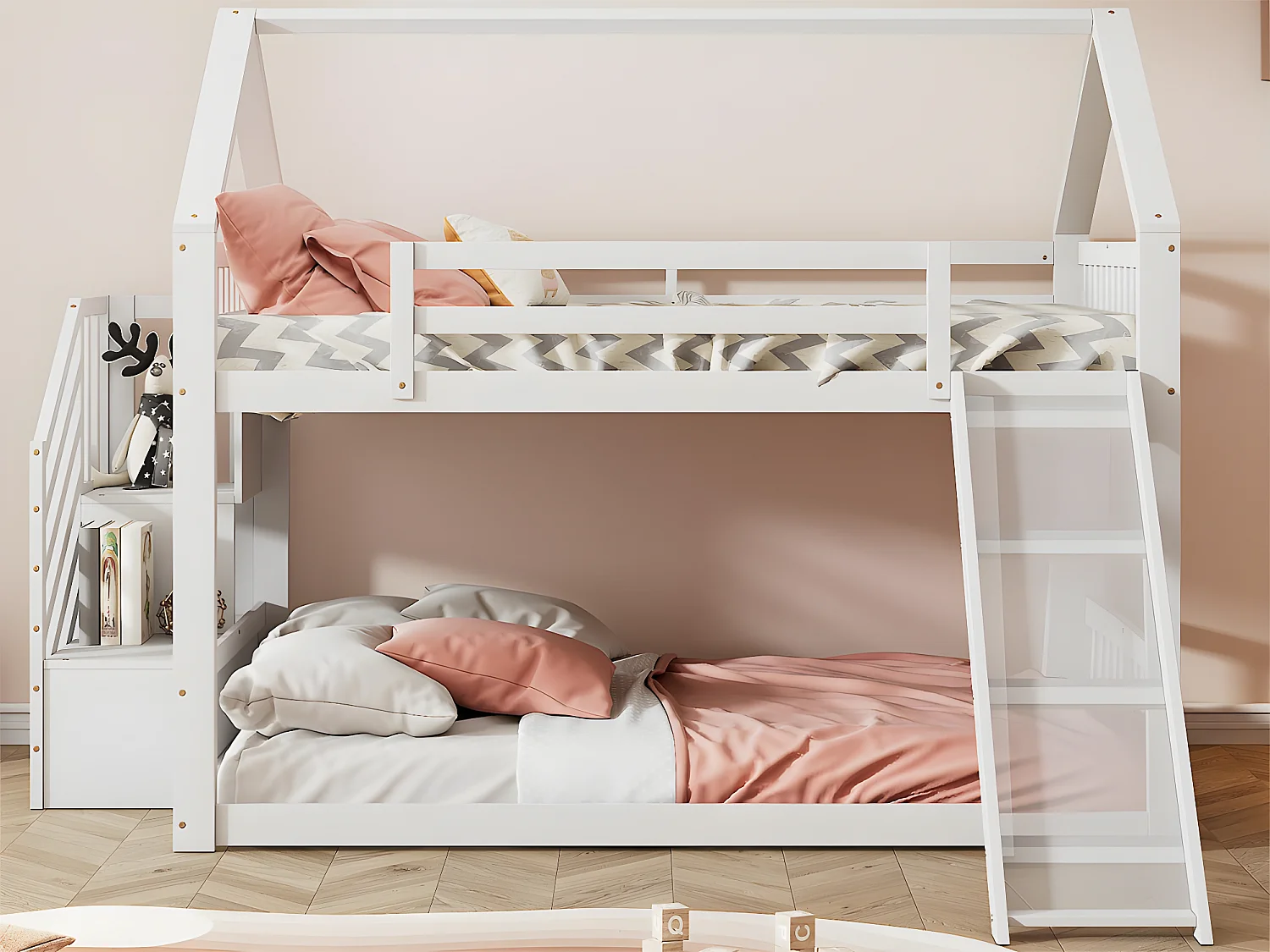 Stapelbed voor kinderen 140x200cm - met opbergtrap en glijbaan - Wit