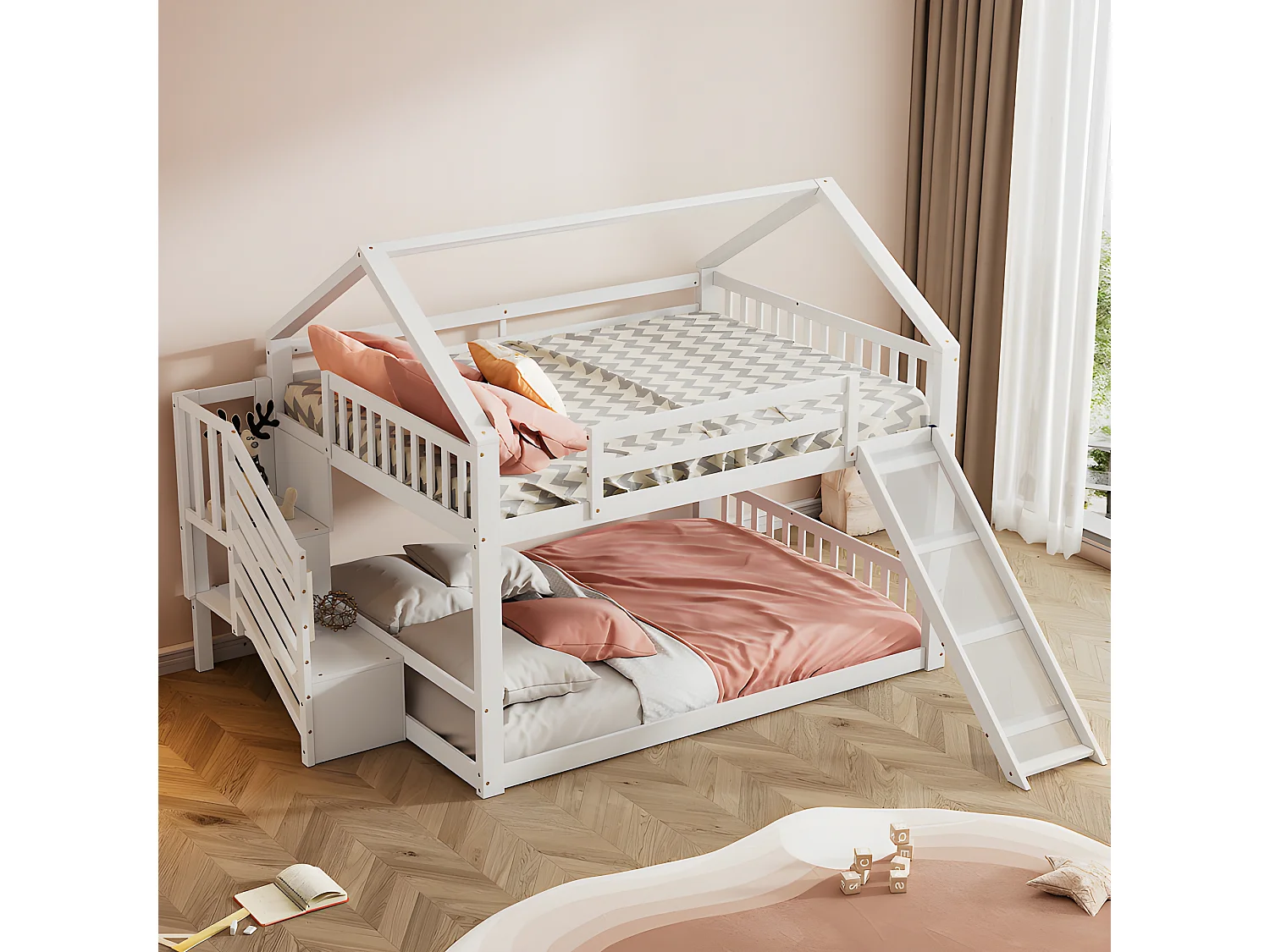 Stapelbed voor kinderen 140x200cm - met opbergtrap en glijbaan - Wit