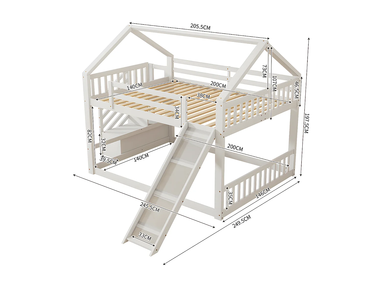 Stapelbed voor kinderen 140x200cm - met opbergtrap en glijbaan - Wit