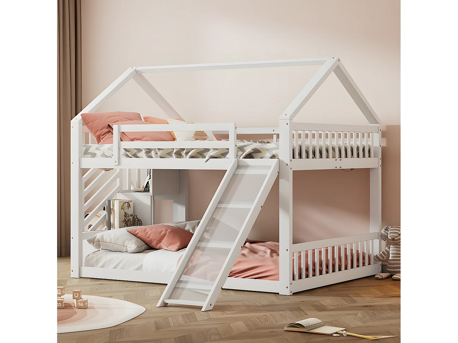 Stapelbed voor kinderen 140x200cm - met opbergtrap en glijbaan - Wit