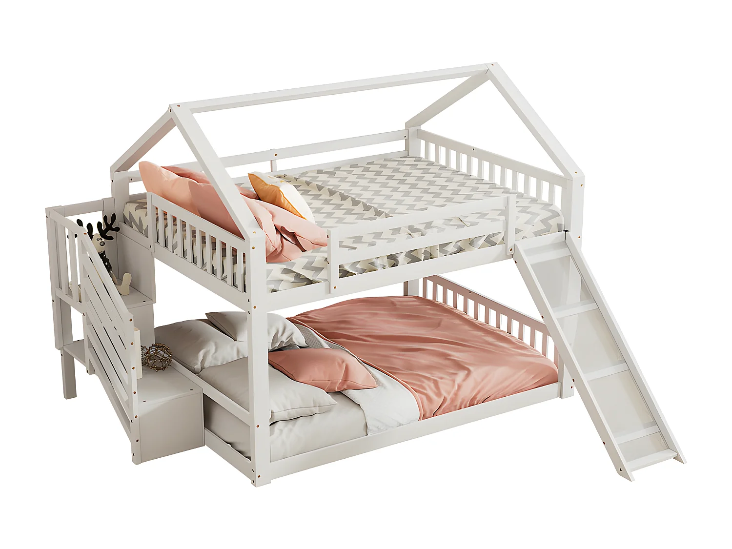 Stapelbed voor kinderen 140x200cm - met opbergtrap en glijbaan - Wit