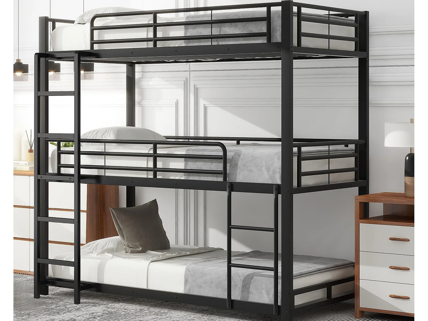 Driedubbel stapelbed - 3x90x200cm - ijzeren frame - Zwart