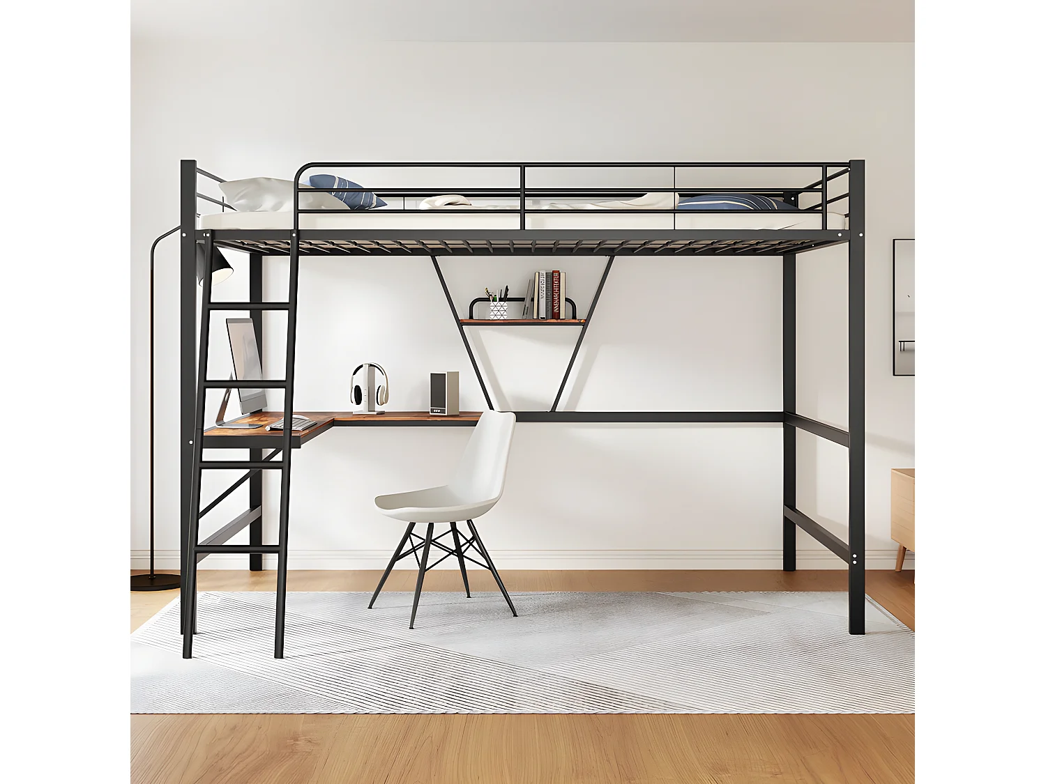 IJzeren tussenbed - 90x200cm - met hoekbureau en plank - Zwart