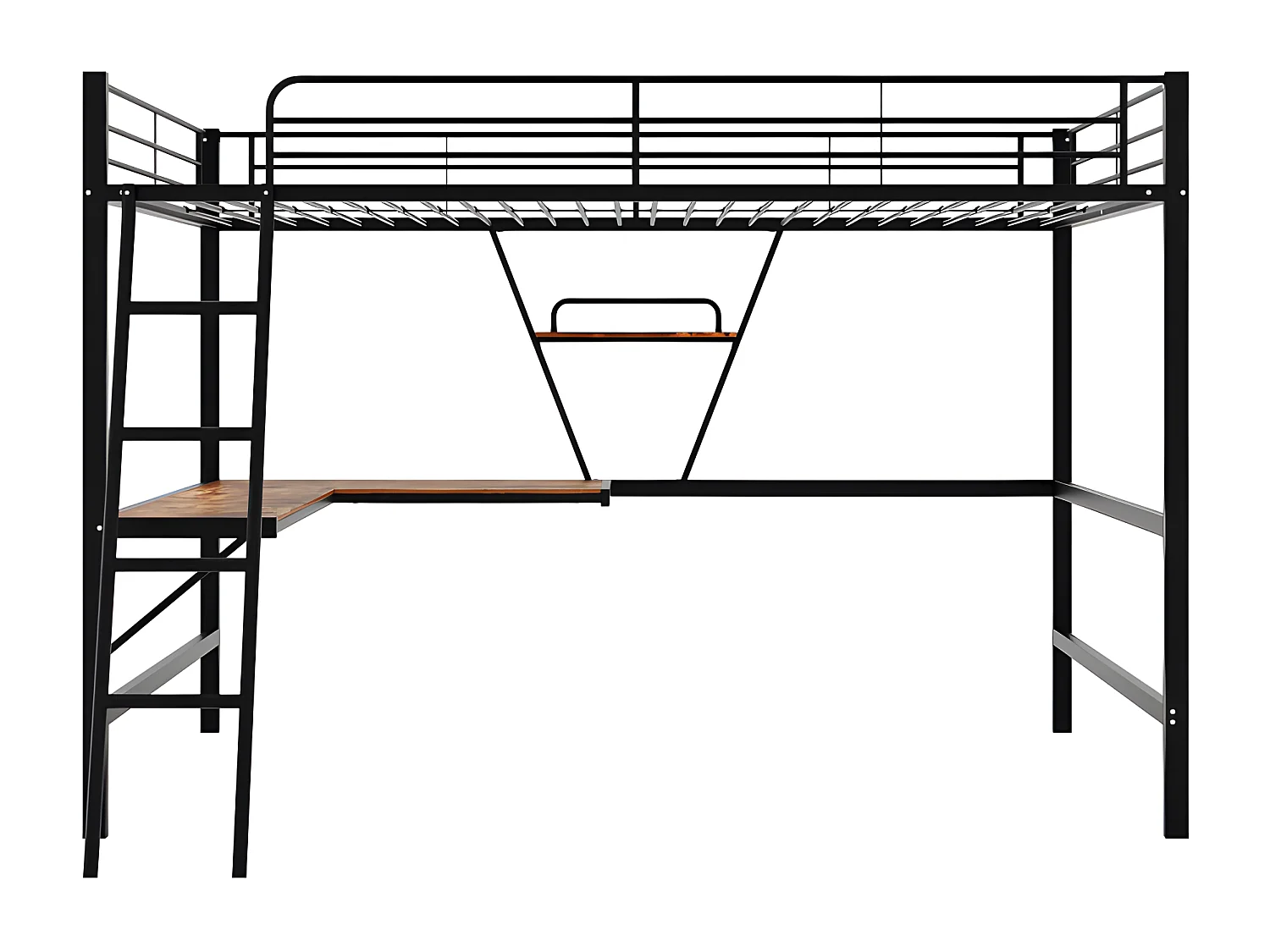 IJzeren tussenbed - 90x200cm - met hoekbureau en plank - Zwart