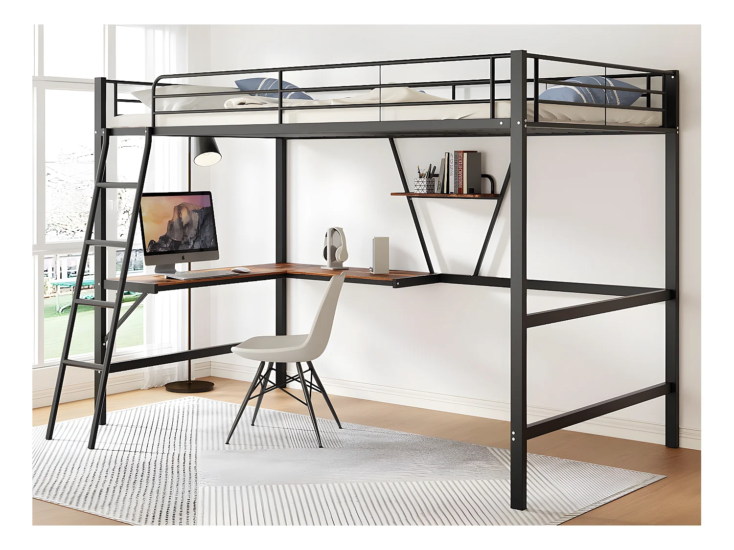 Lit mezzanine en fer - 90x200cm - avec bureau d'angle et une étagère - Noir