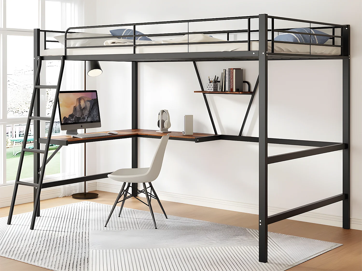 Lit mezzanine en fer - 90x200cm - avec bureau d'angle et une étagère - Noir
