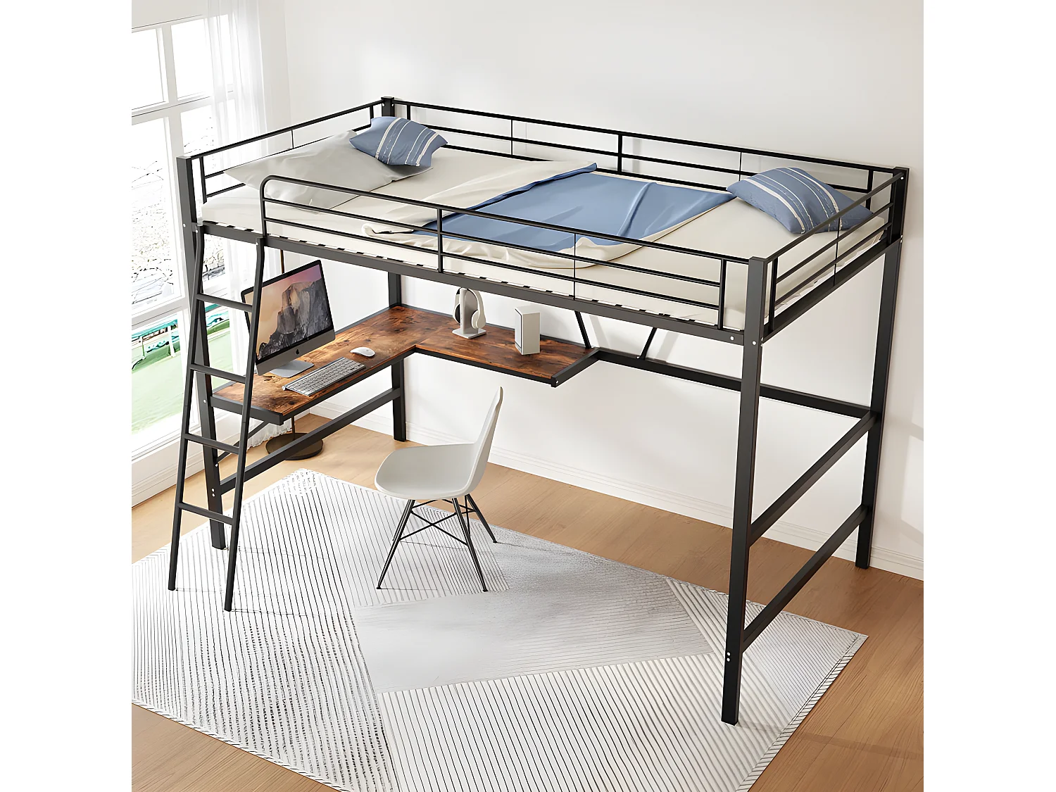 Lit mezzanine en fer - 90x200cm - avec bureau d'angle et une étagère - Noir