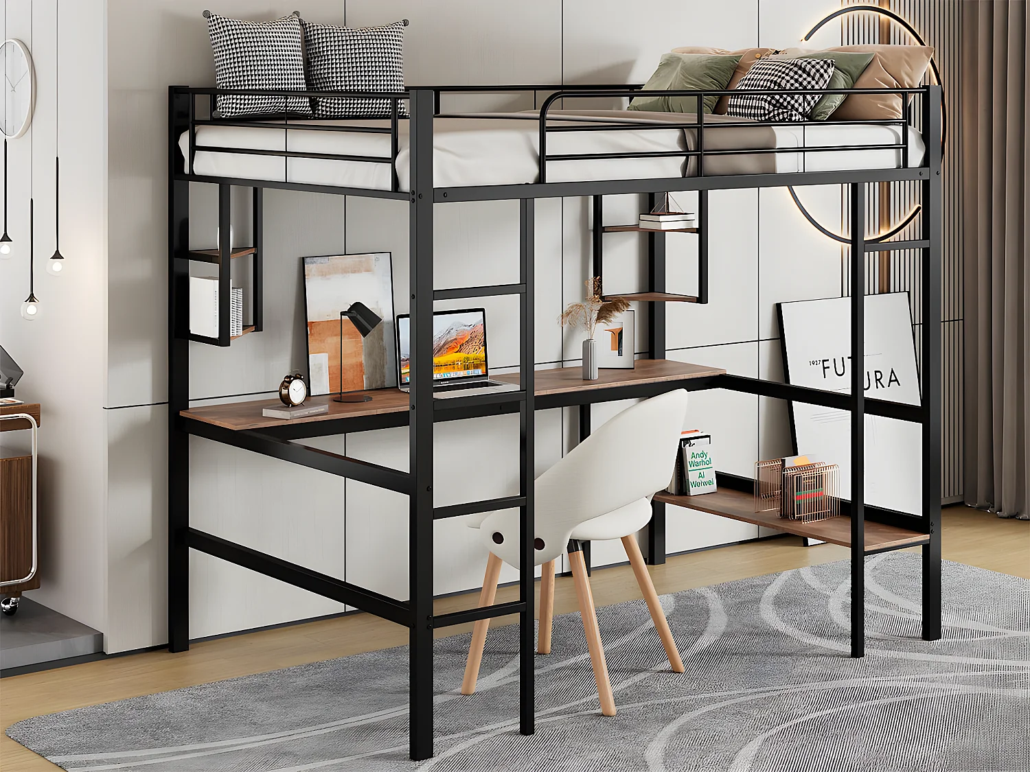 Hochbett aus Eisen – 90 x 200 cm – mit Schreibtisch und 5 Regalen – Schwarz