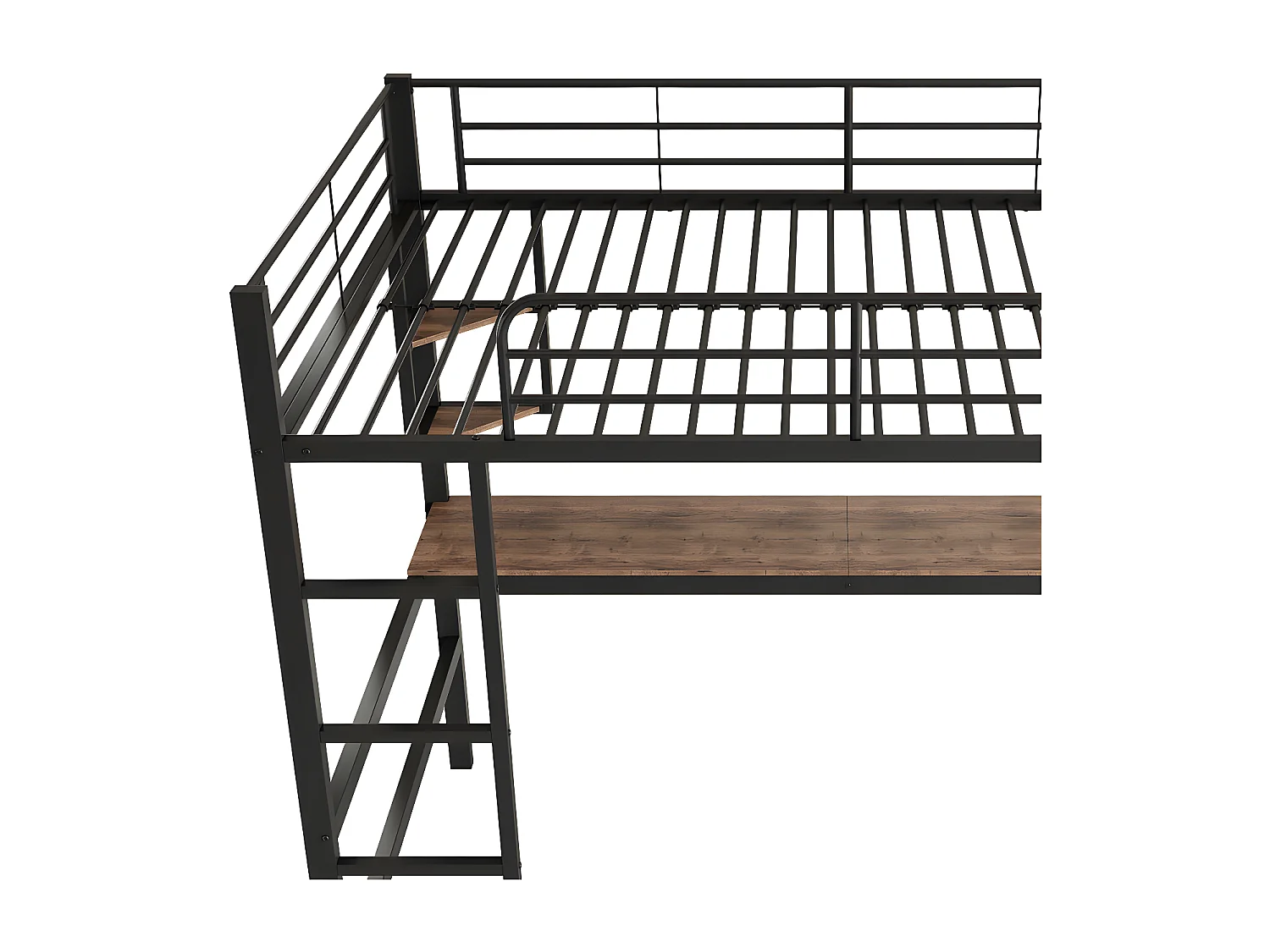 Hochbett aus Eisen – 90 x 200 cm – mit Schreibtisch und 5 Regalen – Schwarz