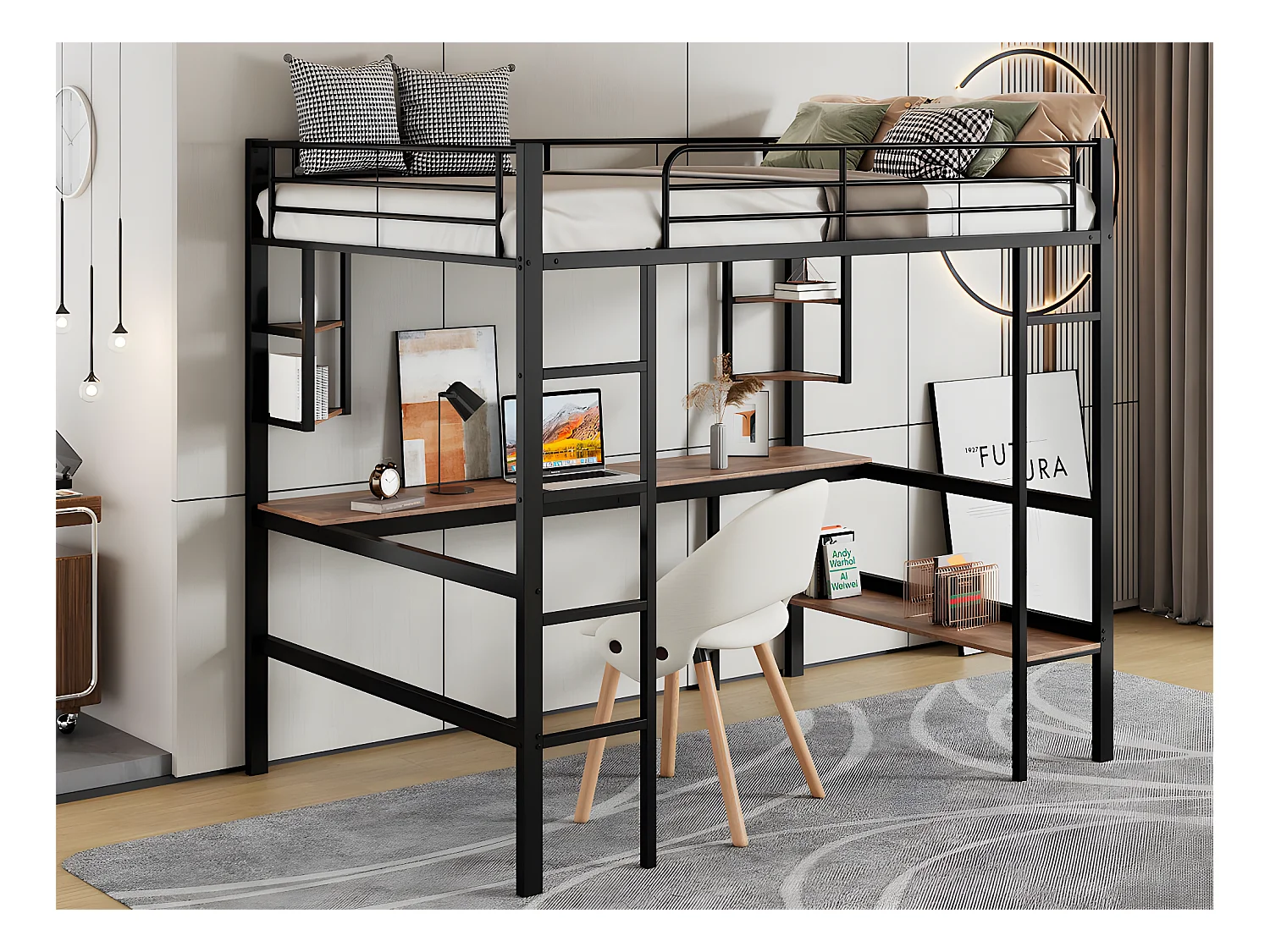 Lit mezzanine en fer - 90x200cm - avec bureau et 5 étagères - Noir