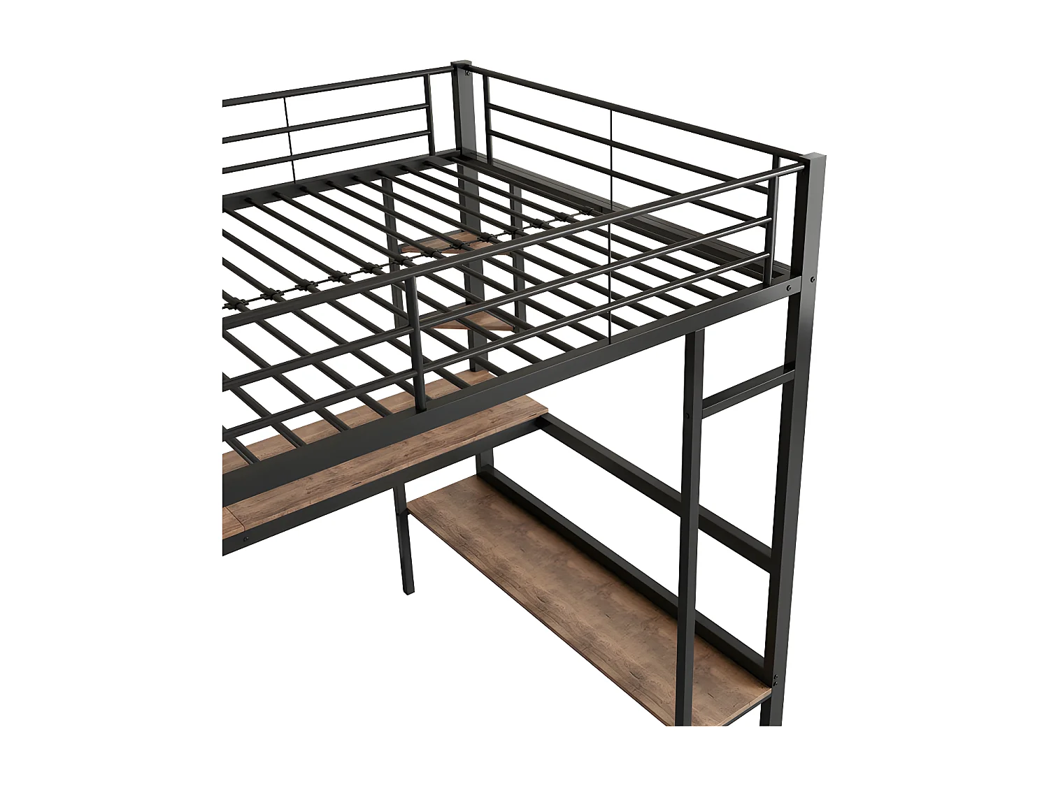 Lit mezzanine en fer - 90x200cm - avec bureau et 5 étagères - Noir