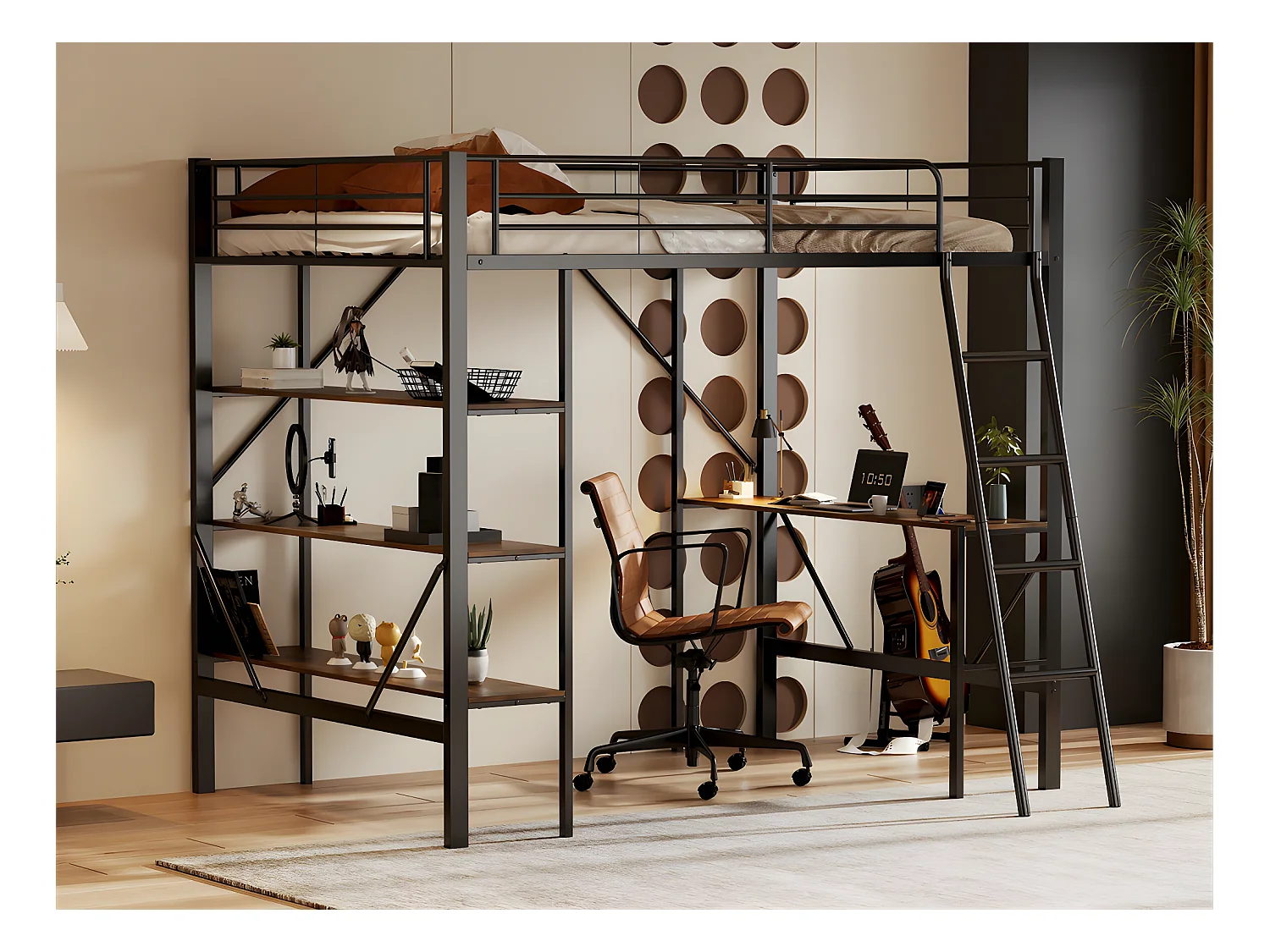 Lit mezzanine en fer - 90x200cm - avec bureau et 3 étagères - Noir