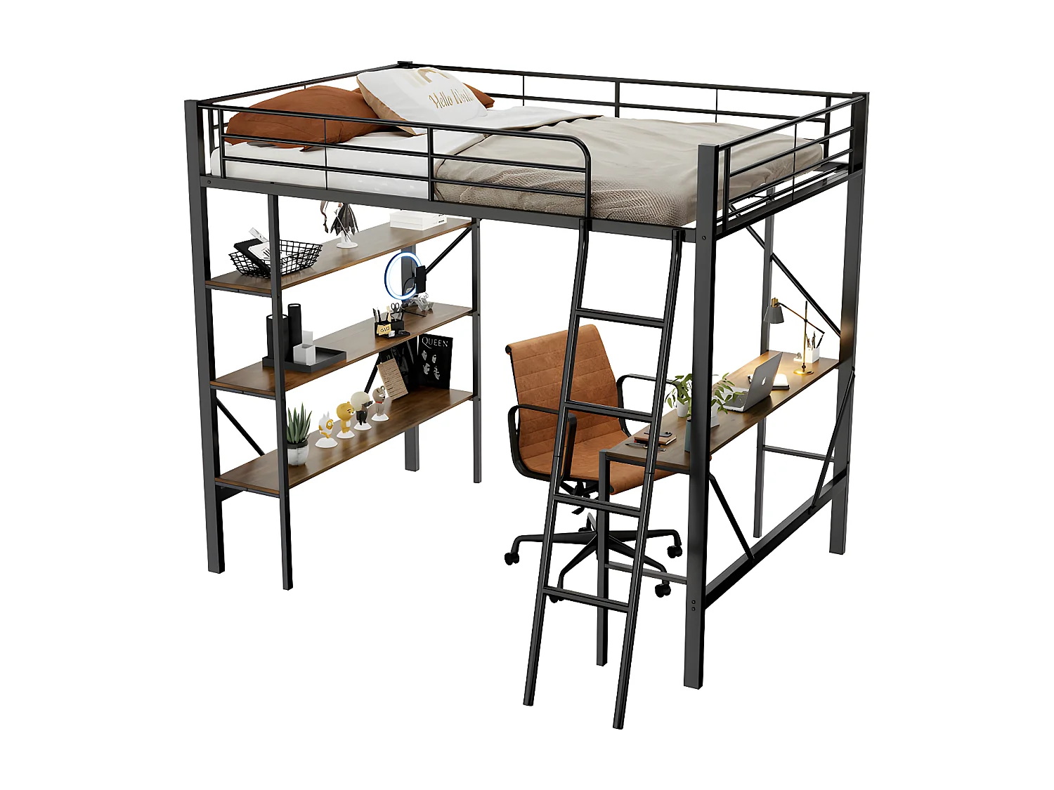 Cama entrepiso de hierro - 90x200 cm - con escritorio y 3 estantes - Negro