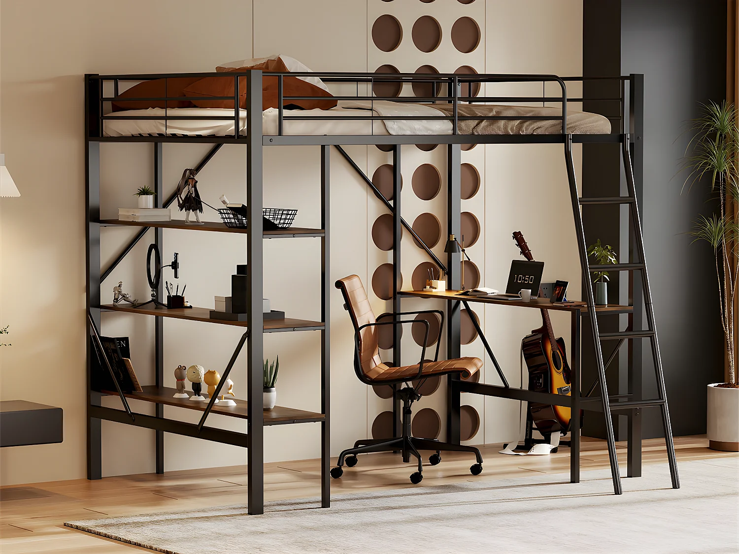 Lit mezzanine en fer - 90x200cm - avec bureau et 3 étagères - Noir