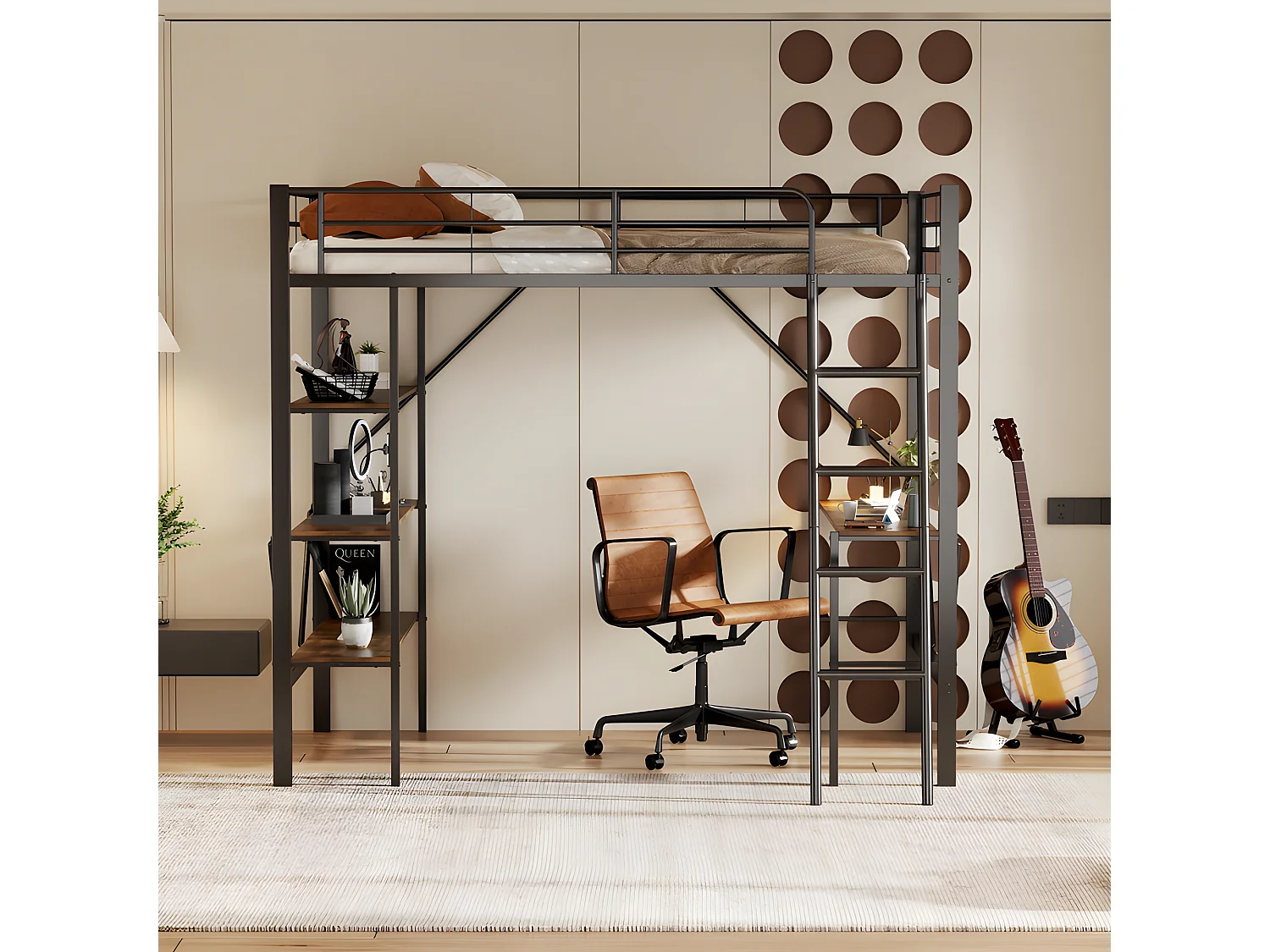 Lit mezzanine en fer - 90x200cm - avec bureau et 3 étagères - Noir