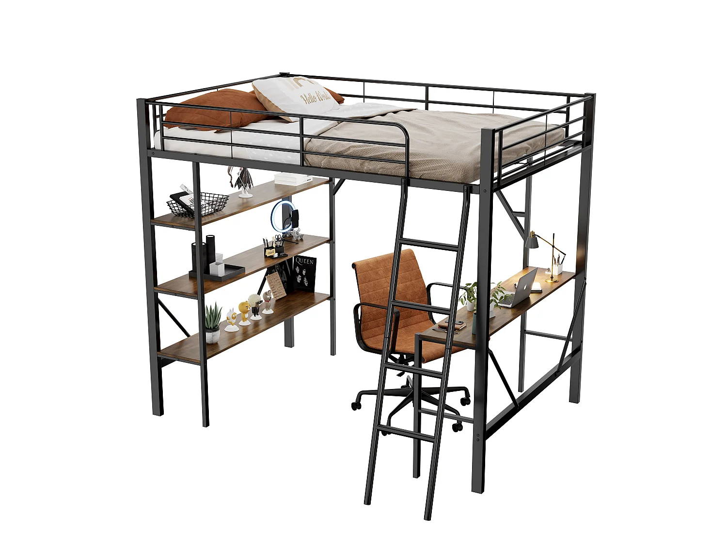 Lit mezzanine en fer - 90x200cm - avec bureau et 3 étagères - Noir