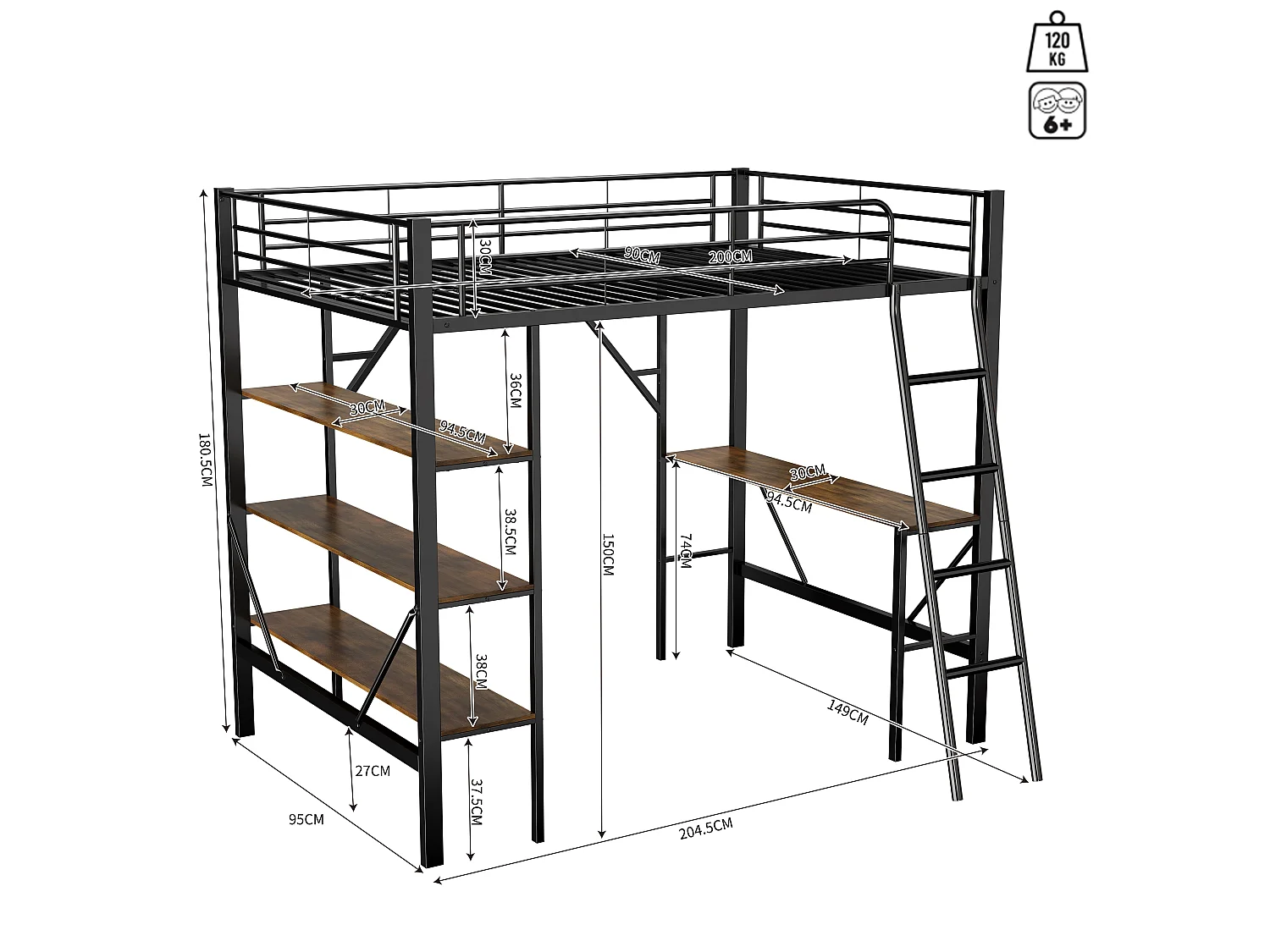Lit mezzanine en fer - 90x200cm - avec bureau et 3 étagères - Noir