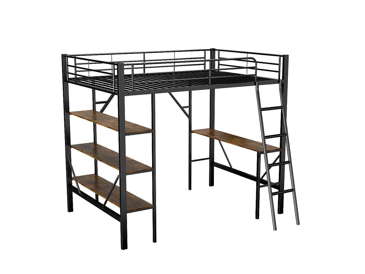 Lit mezzanine en fer - 90x200cm - avec bureau et 3 étagères - Noir