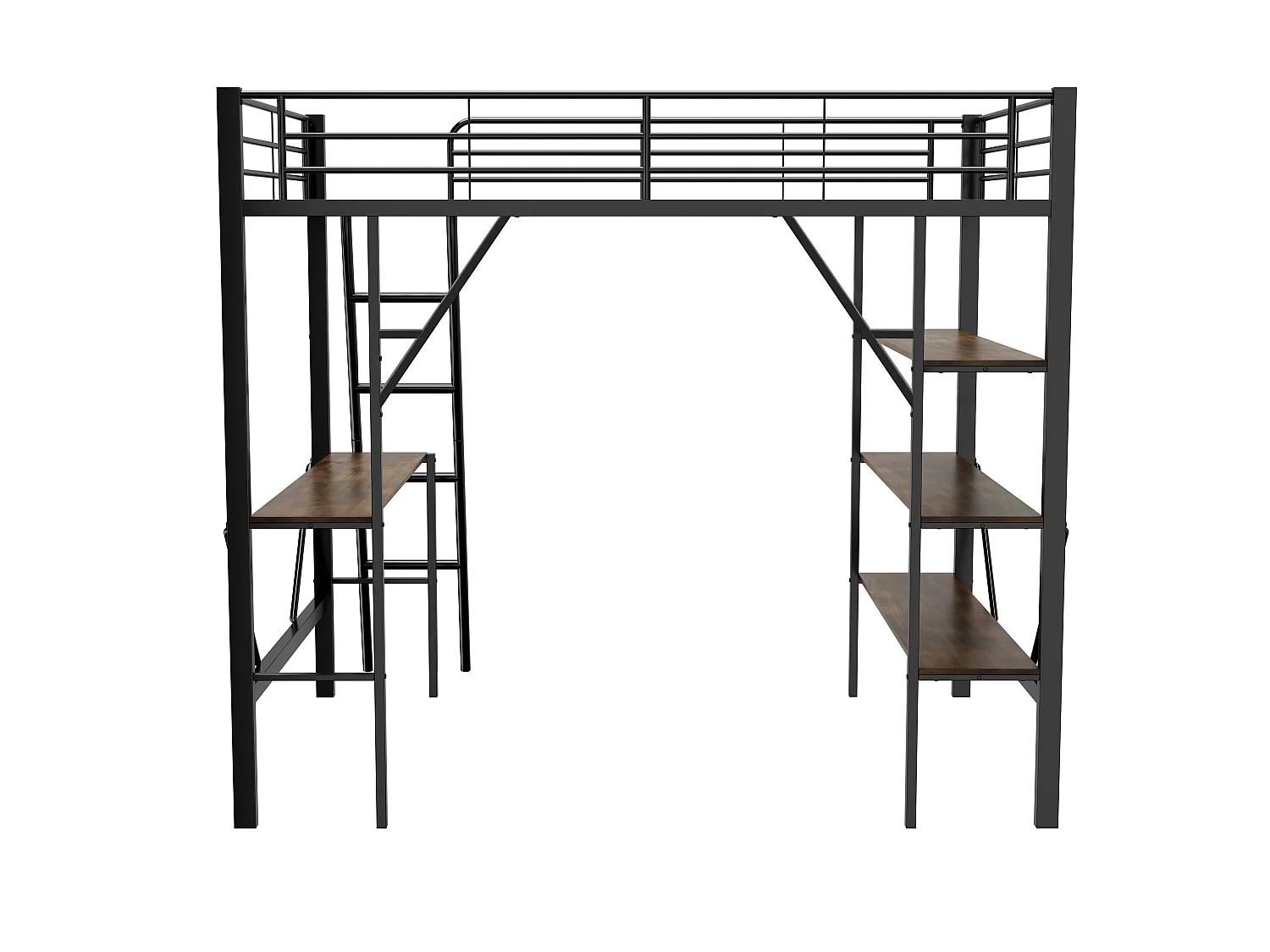Lit mezzanine en fer - 90x200cm - avec bureau et 3 étagères - Noir