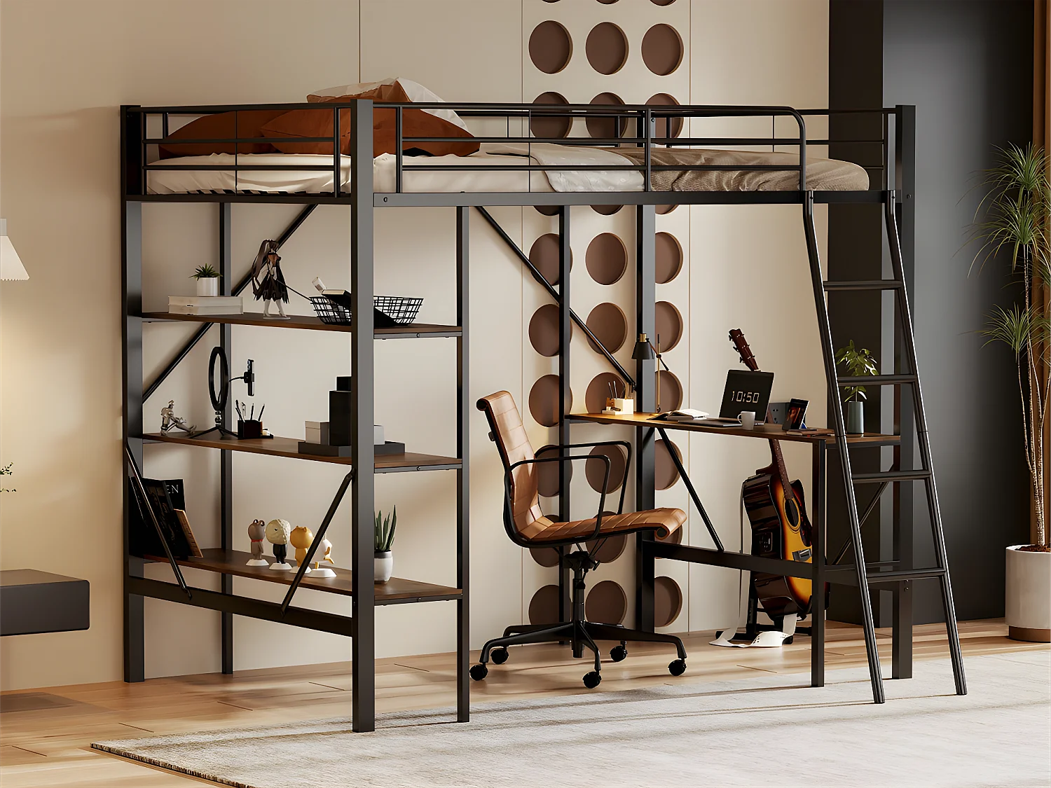 IJzeren tussenbed - 90x200cm - met bureau en 3 planken - Zwart