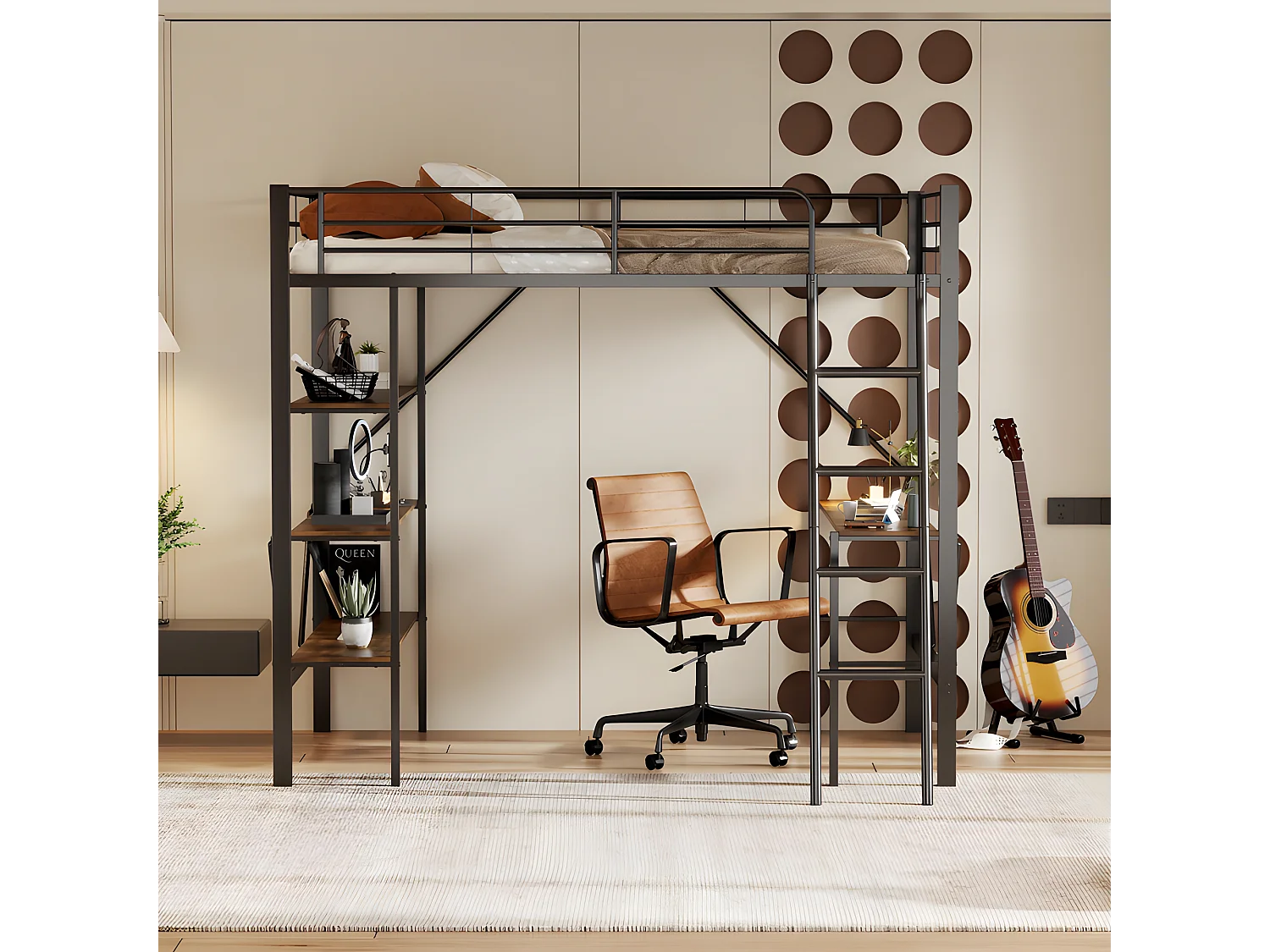 IJzeren tussenbed - 90x200cm - met bureau en 3 planken - Zwart