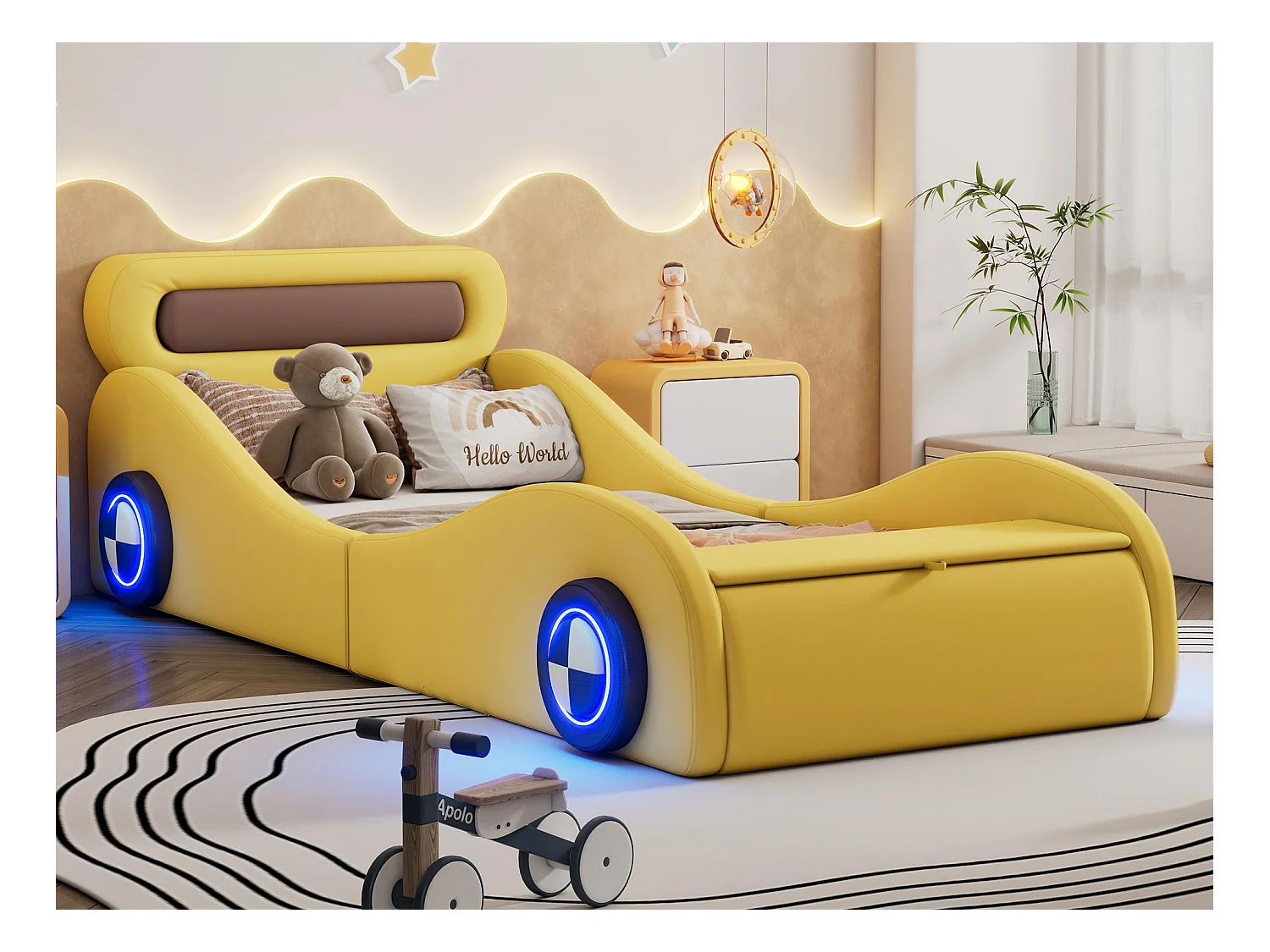 Kinderbed 90x200cm - gewatteerd autovormig bed met lichtgevende wielen - Geel